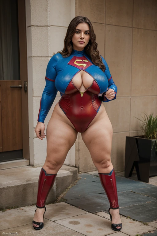 mature superheroine bbw , full body, posicion de superheroina, mojada, parada y piernas abiertas, cara perfecta, cara excitada, orinada