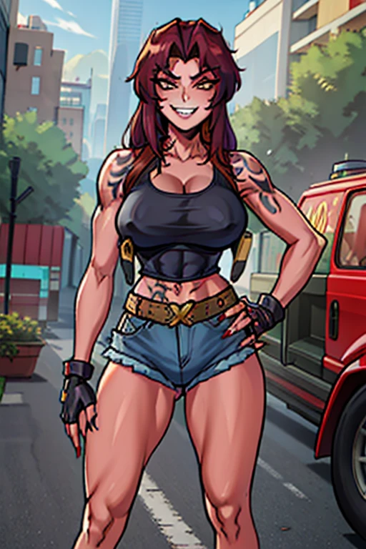 masterpiece, best quality, absurdres, 1woman, revy, arm tattoo,, 42-year-old, milf, milf figure, looking at viewer, standing, outdoors, street, hands on hips, teeth, grin, fang, cowboy shot, fingerless gloves, belt