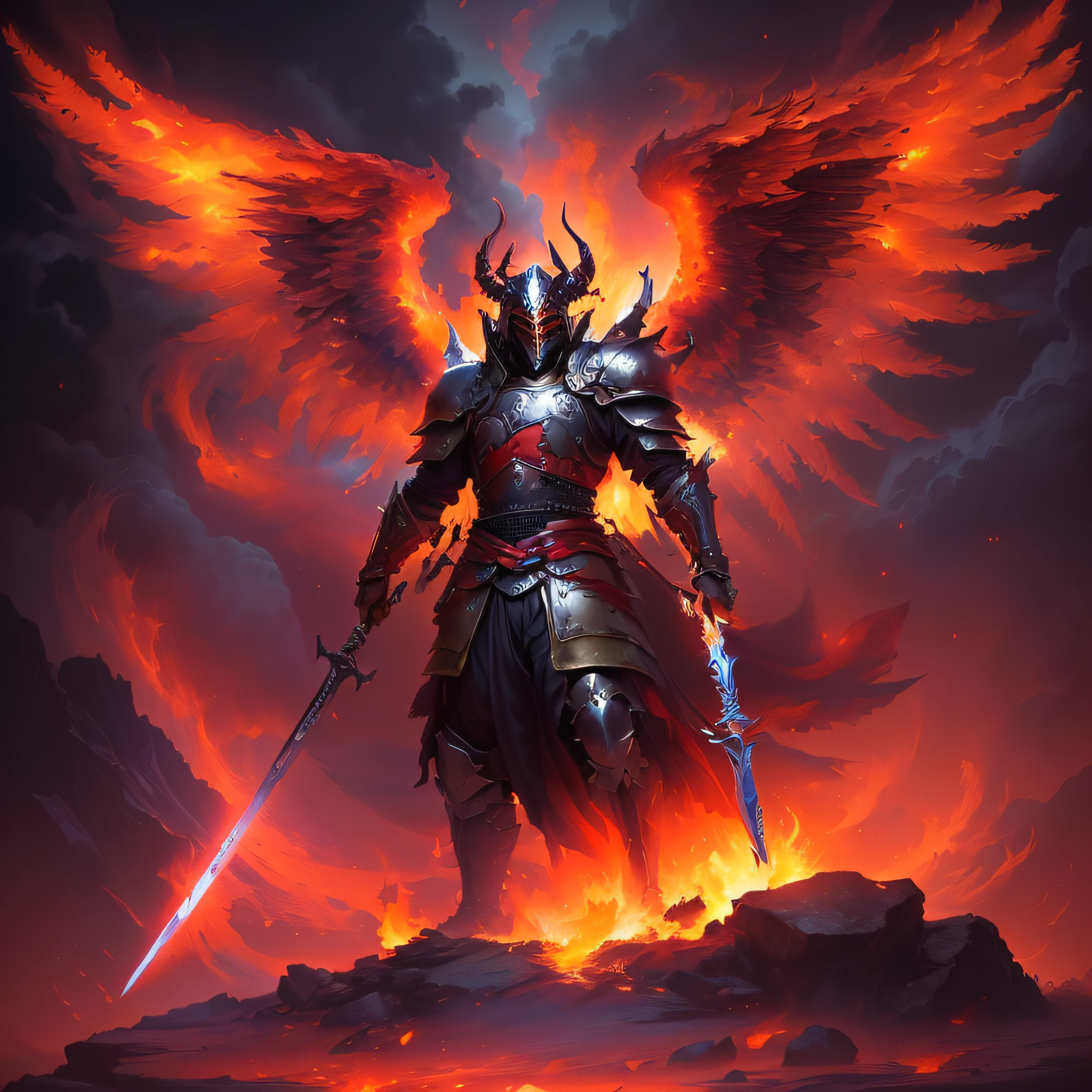 imagem arafada de um homem com espada e armadura em uma montanha, flame conjuring armored, Senhor de Cinder, com asas douradas ardentes de chama, Governante do Inferno, angelarium, Demon Samurai, demon samurai warrior, ares com armadura pesada e espada, demon armor, Magia da Arte do Encontro, oil canvas of lucifer, Arte de fantasia 4k, arcanjo