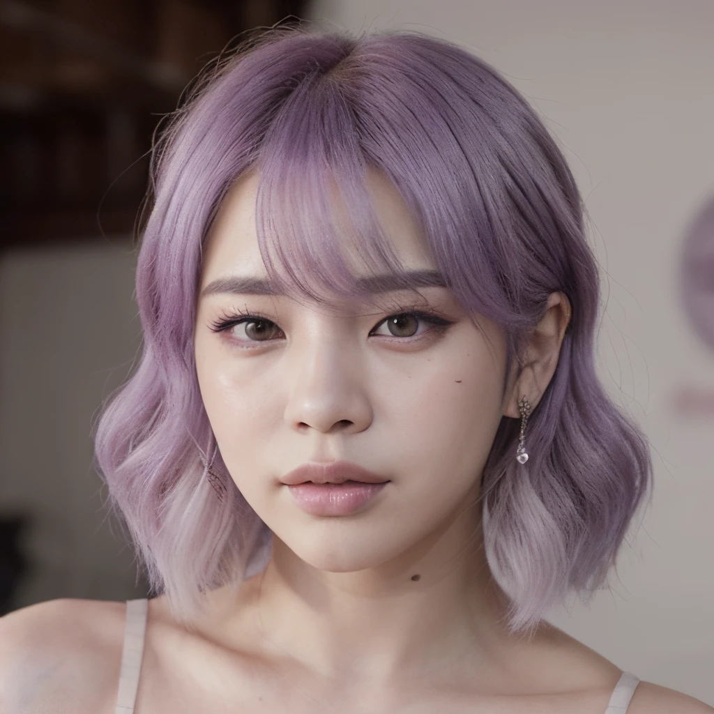 Bts Jimin hada, textura realista de piel, cabello blanco, alas lilas, con fondo morado, hiperrealista, realista, chico