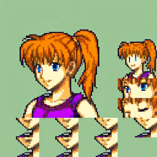 solo focus, quarterbody, frames, saturated sprite,1girl, bright orange hair, low ponytail, blue eyes, dancer