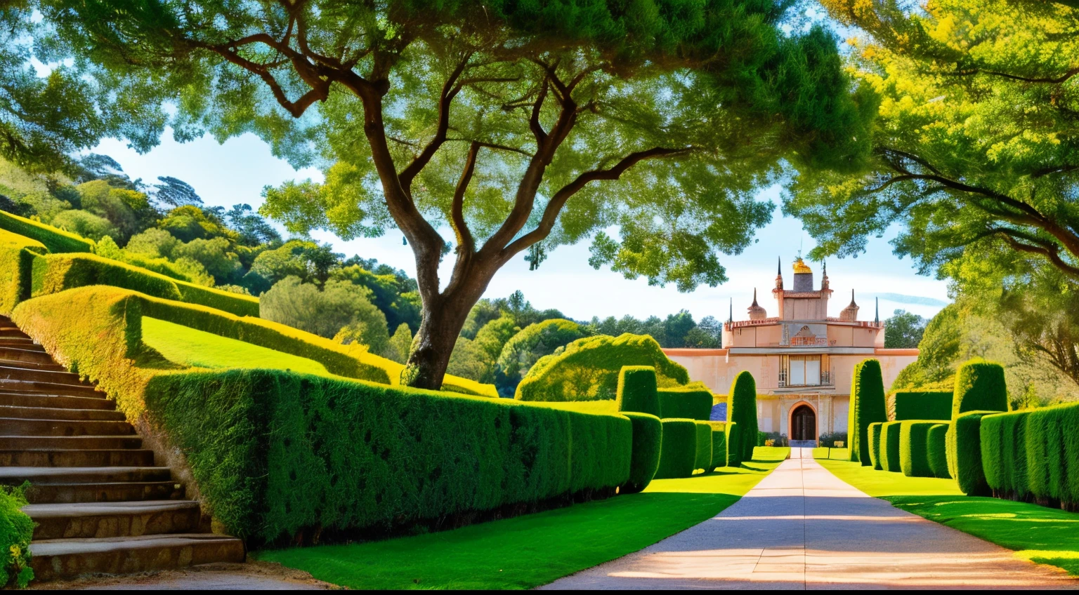 Com suas torres altas e detalhes ornamentados, the magical structure stands out on a lush green hill. Labyrinthine corridors lead to cozy quarters and majestic halls, while moving staircases and magical doors add a touch of unpredictability. Os exuberantes jardins e o lago tranquilo ao redor do castelo proporcionam uma atmosfera serena. Uma paisagem encantadora que convida os viajantes a explorar os segredos e a magia do castelo durante sua jornada.