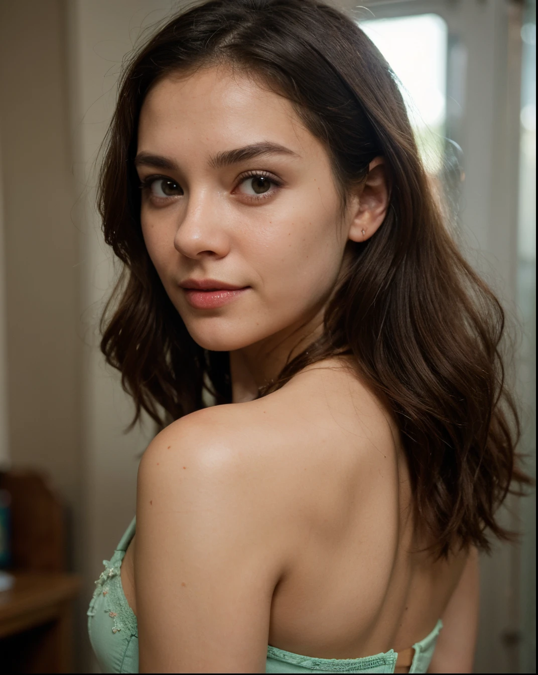 Cute beautiful sexy European light-green-eyed brunette, 22 years old, 

red lingerie, walking with back to viewer, low angle, isometric perspective

tiny waist, very detailed, innocent face, face-length 1.3 times the face-width, almond-shaped eyes, squared face-shape, high cheekbones, naturally wavy hair, light-green eyes, high-res, masterpiece, best quality, intricate details, very detailed, sharp focus, detailed skin, realistic skin texture, texture, detailed eyes, professional, 4k, charming smile, shot with Canon, light depth of field, Kodak Vision color, perfectly fitting body, extremely detailed, photo_\( ultra\), photorealistic, realistic, post processing, maximum details, roughness, real life, ultrarealistic, photorealism, photography, 8k UHD, photography