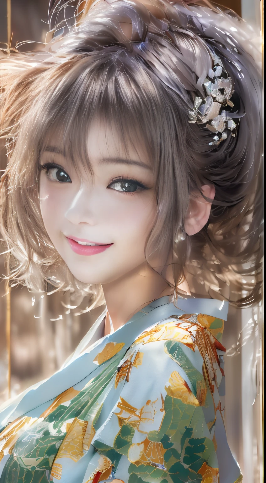 (Super beautiful woman in kimono)、((best qualtiy、8k masterpieces:1.3))、White kimono、foco nítido:1.2、(ultra beautiful faces:1.0)、(shinny skin:1.0)、photos realistic、、from the front side、medium breasts、With a happy smile、Slender Abs Beauty、Whole body、wearing kimonos、