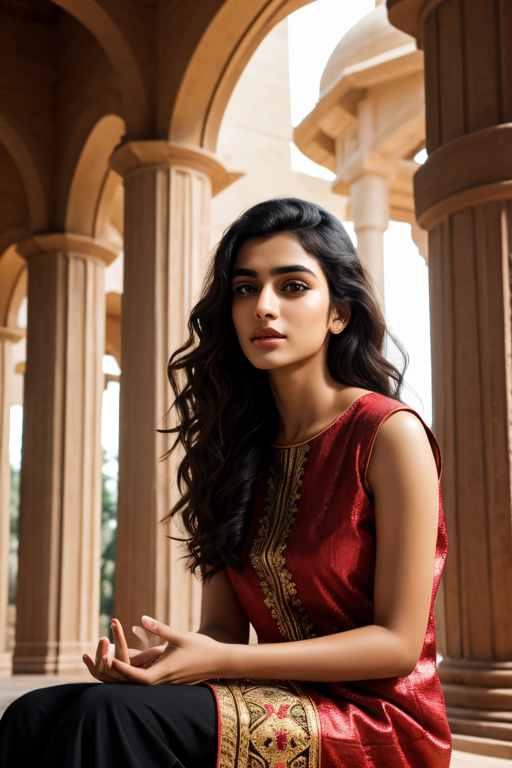 ultra-realistic photographs,Indian Instagram female model,mid 20s,9:16,mid-shot,beautiful detailed eyes,detailed lips,longeyelashes,black curly hair,naturally full eyebrows,perfectly formed nose,expressive face,attractive appearance,confident and elegant posture,graceful movement,vibrant and colorful dress,rich and intricate embroidery,praying in the temple background,serene and spiritual meditationatmosphere,stunning architecture,divine sculptures,soft and natural lighting,vivid colors,photorealistic,HDR,highres,studio lighting,ultra-detailed,bokeh
