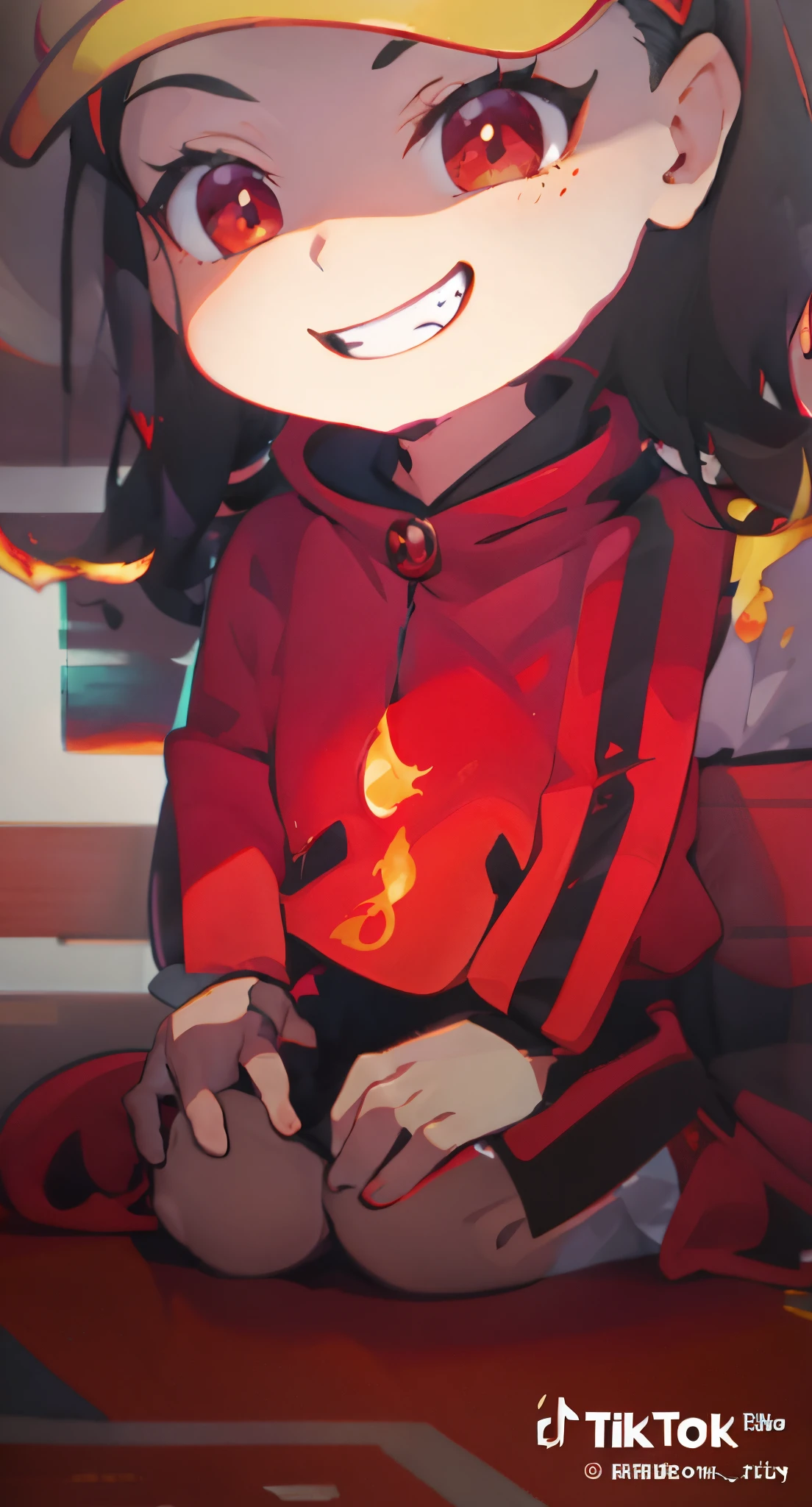 anime girl sitting on a red rug with a red hat, ❤🔥🍄🌪, (fire), jett from valorant, black haired girl wearing hoodie, fire!! full body, akane owari danganronpa, official art, demon slayer rui fanart, official fanart, anime moe artstyle, fanart, digital art from danganronpa