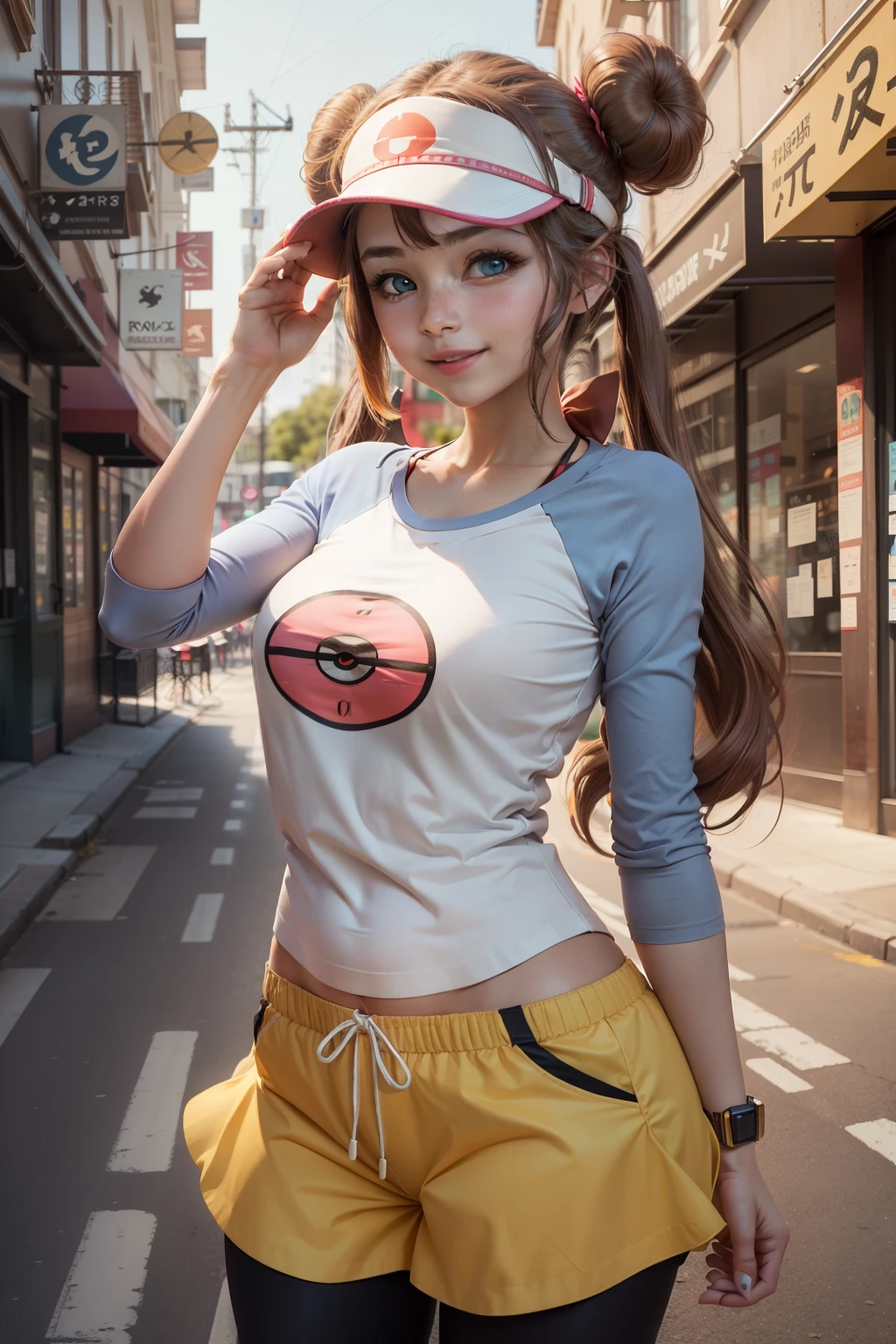 Masterpiece, best quality, girl, ro1, hair bun, blue eyes, twintails, visor cap, pantyhose, raglan sleeves, yellow shorts, shirt, pink bow, wristwatch, standing in streets, smile, holding red and white pokeball