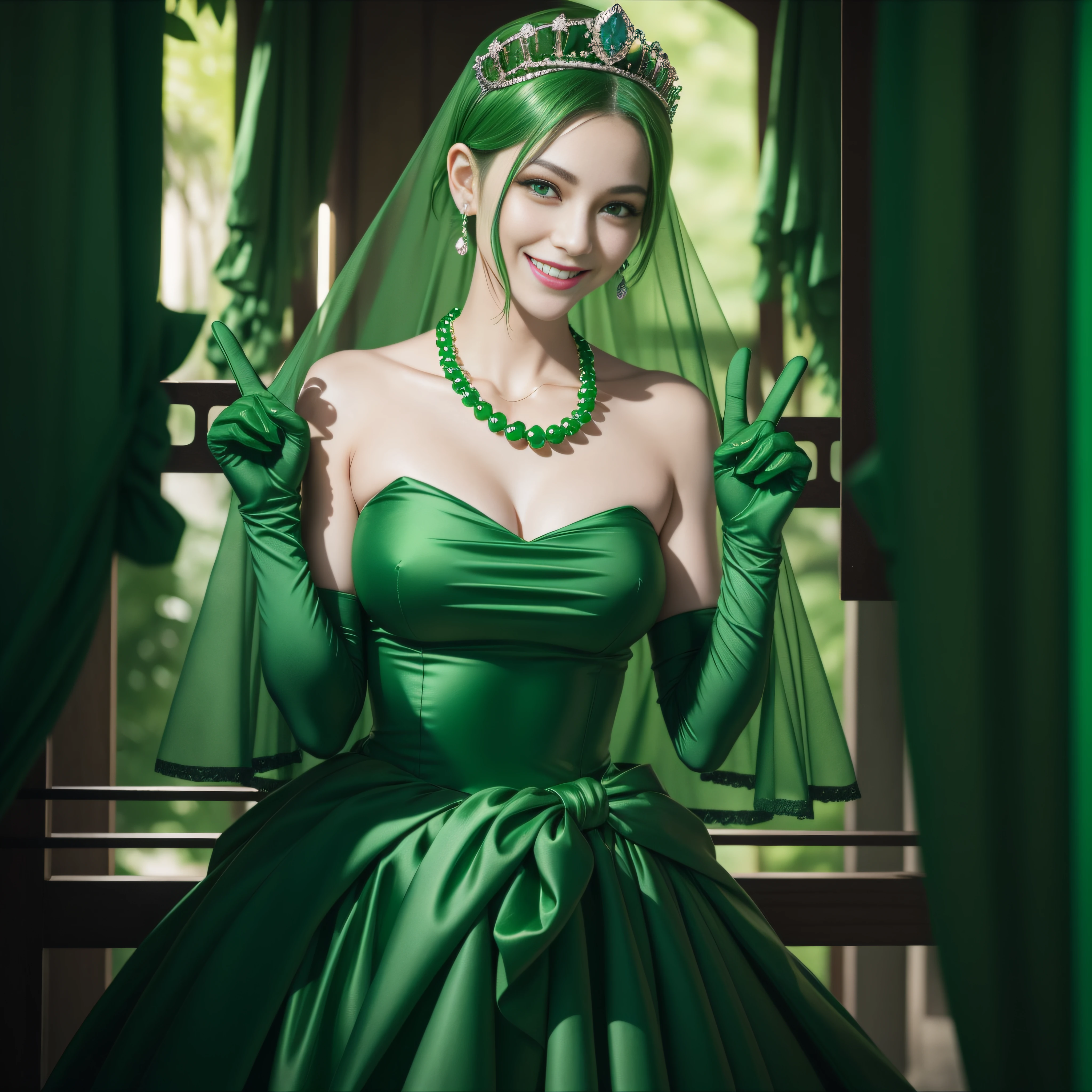 emerald tiara, Green Pearl Necklace, Boyish very short green hair, lipsticks, Japan woman smiling, very short short hair, big breasts beautiful, Green eyes, Long green gloves made of satin material, Green eyes, Emerald Earrings, green vale, v sign