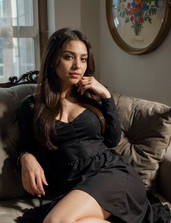 (Best quality, Ultra-detailed, Masterpiece:1.5), Photorealistic photograph of a beautiful pakistani woman laying on a sofa. The woman should have a flawless, highly detailed face (Highly Detailed Skin) with soft, luminous skin. Her long hair should be naturally brown and stylishly arranged. (Perfect Eyes:1.2). The photography should feature high-quality film grain (ISO 400, 30mm lens RAW f1.8 aperture. Shes wearing a modest black dress