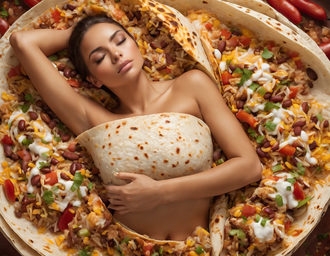 a softly illuminated female body napping in a mexican burrito, chipotle inspired, beans and rice spilling out, fitness model, beautiful body, beautifully shaped breasts, cleavage, pretty face, pretty eyes, symmetrical image, realistic tortilla texture, realistic steam, top-down view