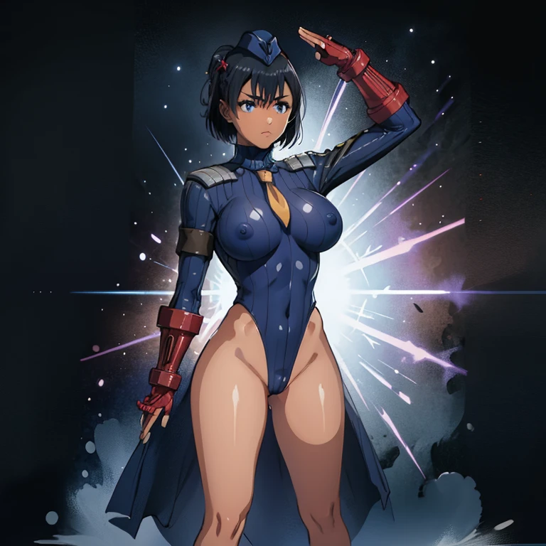 Dark skin, black hair, short hair, blue eyes, SummerTime Rendering, Kofune mio, Masterpiece, Best Quality, Highly detailed, illustration, absurdres, street fighter, doll suit, shadaloo doll, dollsuit, girls, multiple girls, expressionless, blank eyes, looking at viewer, red gloves, emotionless, black latex, corrution, mind control, female combatant, full body, hypnotized, unhappy trance, full body suit, ribbed bodysuit, both arms at side, stand up straight, obey, perfect female body, extremely glossy latex, hypnosis, hypnoLora, empty eyes, Mind control device, poses, submissive_pose, Slave, hat, necktie, stand up straight, standing, standing at attention, Slave, hat, necktie, belt, extending the right arm from the shoulder into the air with a straightened hand, nazi saluting, military, military saluting, salute, latex, ribbed bodysuit, big breast