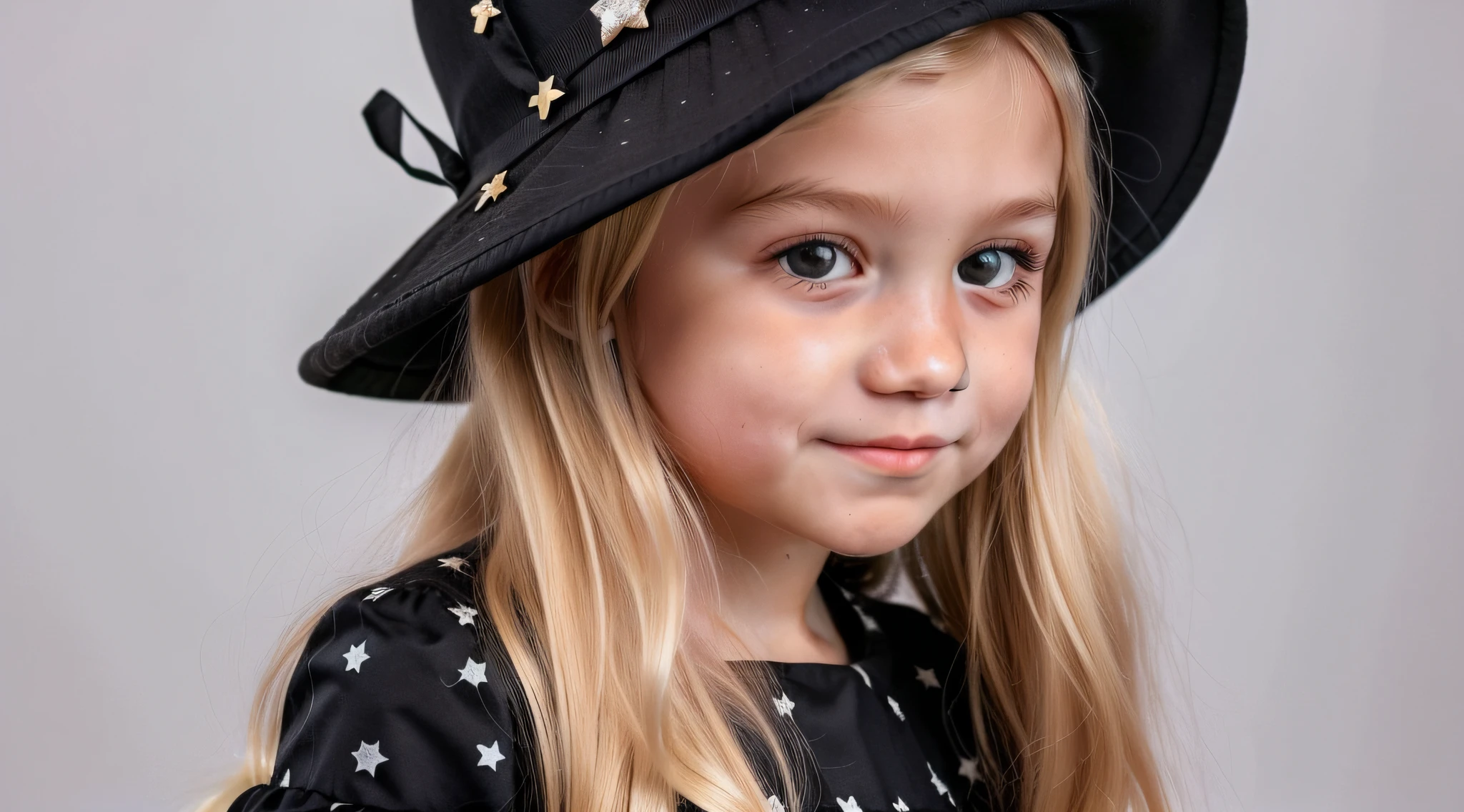 a close up of a KIDS BLONDE GIRL with long hair and a black hat with a star, URSS, um vestido CINZA com diamantes quebrados cintilantes,