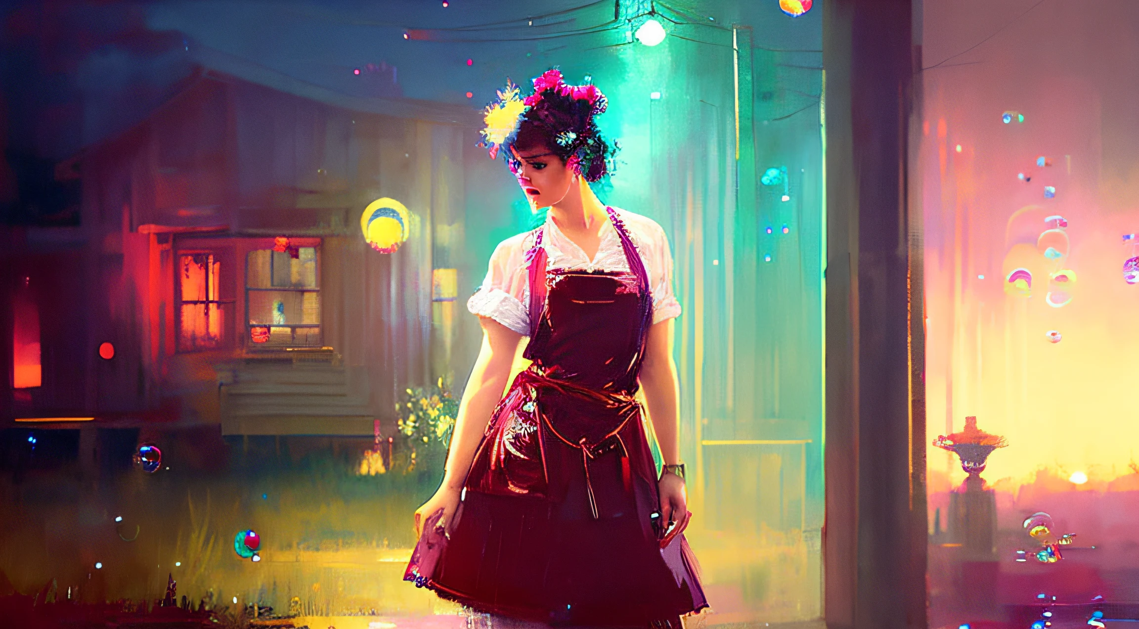 Drunk style,virtuous lady,Wear an apron,Behind is an American country house, (Colored soap bubbles that create hallucinations), Provided by Jeremy Mann, , Punk rock, sur tank, high detal, 4K, real time transmission