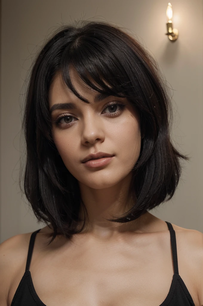 mulher arafada com blusa branca e batom vermelho posando para foto, cabelo preto bob, shoulder-length black hair, cabelos curtos e escuros, corte longo do bob, cabelo cortado de bob preto, corte de cabelo black bob, cabelo longo bob, cabelos na altura do queixo, comprimento do ombro cabelo preto, medium long bob, messy shoulder-length dark hair, medium-length black hair