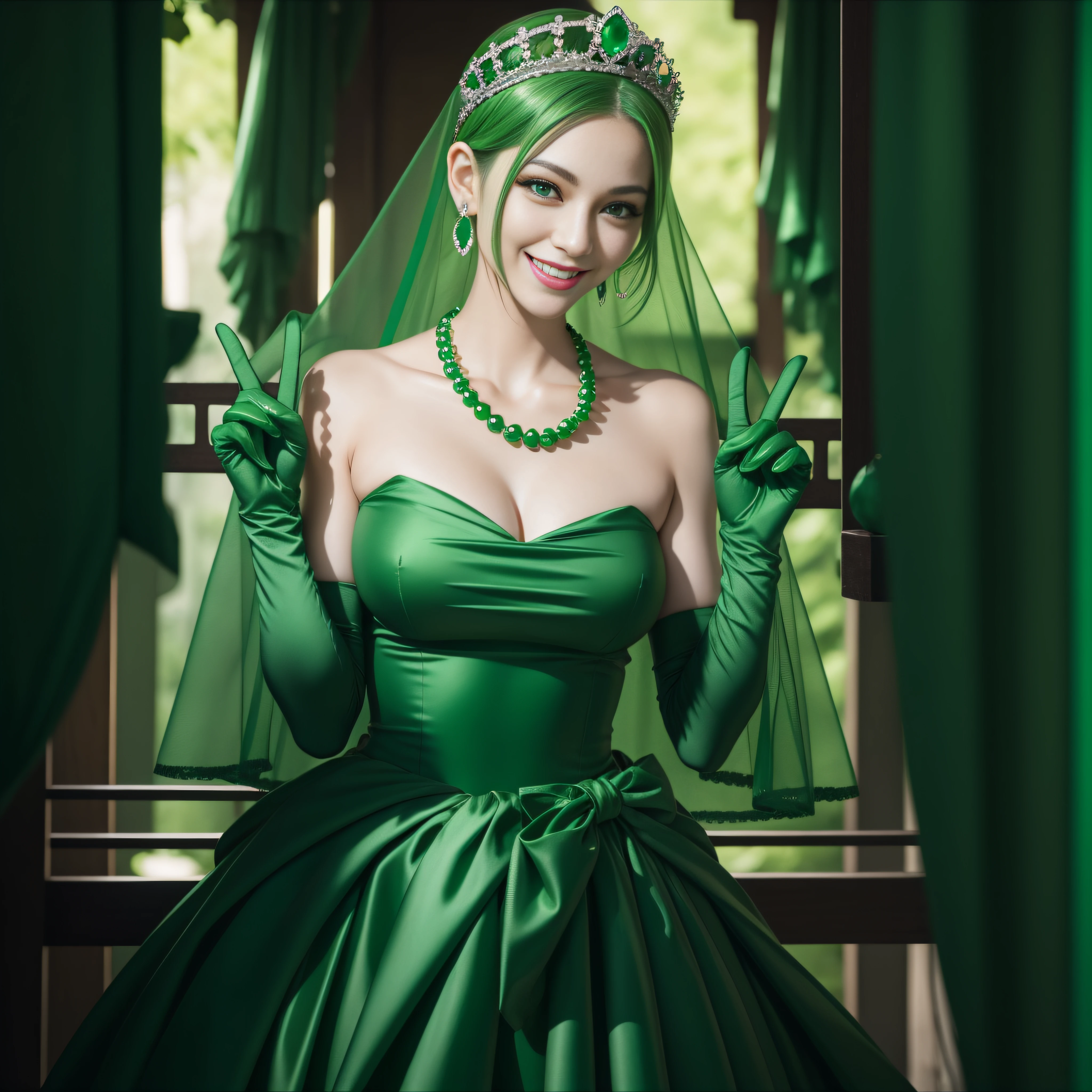 emerald tiara, Green Pearl Necklace, Boyish very short green hair, lipsticks, Japan woman smiling, very short short hair, big breasts beautiful, Green eyes, Long green gloves made of satin material, Green eyes, Emerald Earrings, green vale, v sign