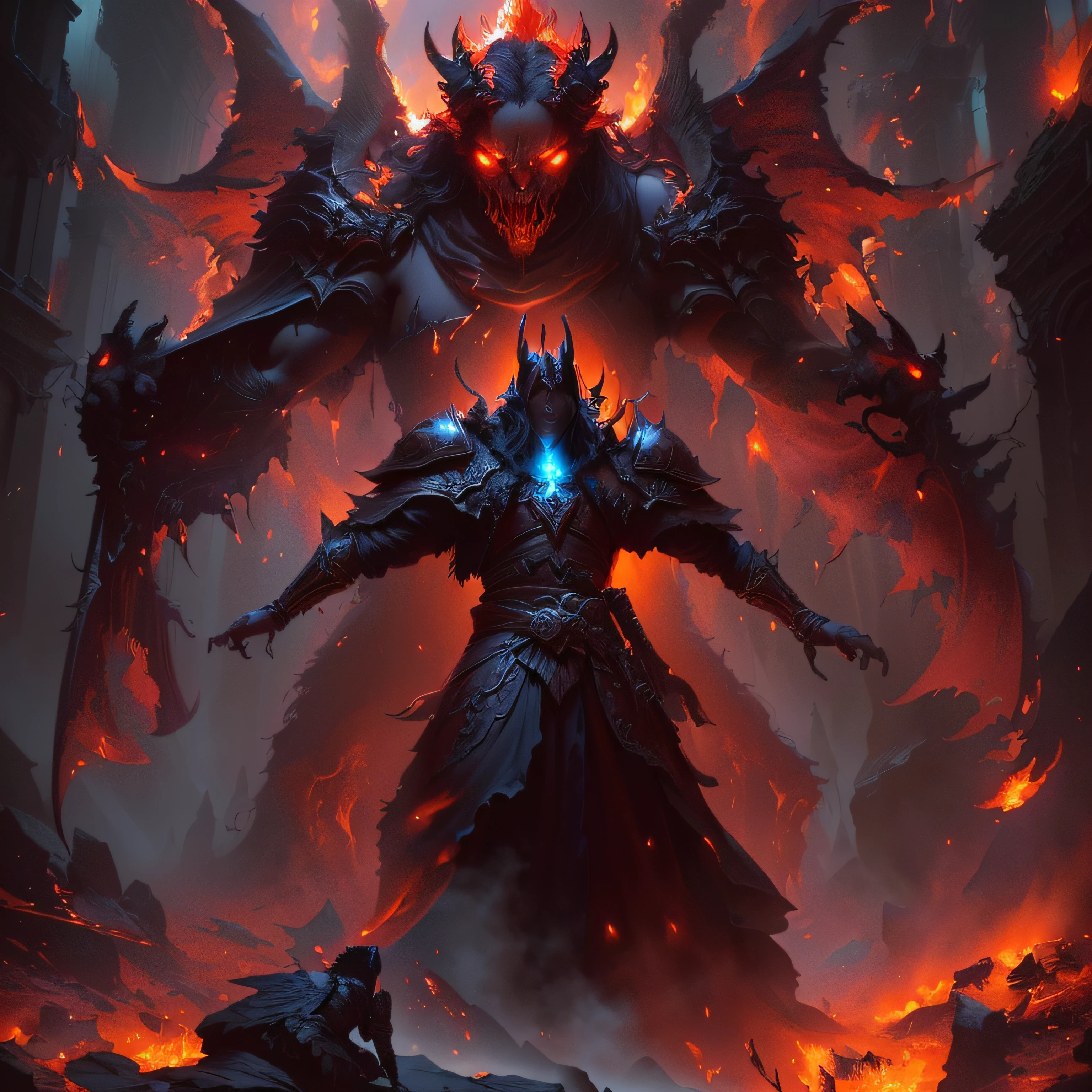 demonic demon with huge wings and a huge fiery head, arte conceitual digital diablo, arte conceitual diablo, Wojtek FUS, Arte de fantasia 4k, Guilherme H. Pongiluppi, cinematic fantasy painting, asa da morte, Governante do Inferno, Abaddon e Magali Villeneuve, arte conceitual de Balrog, epic fantasy art, d&d trending on artstation