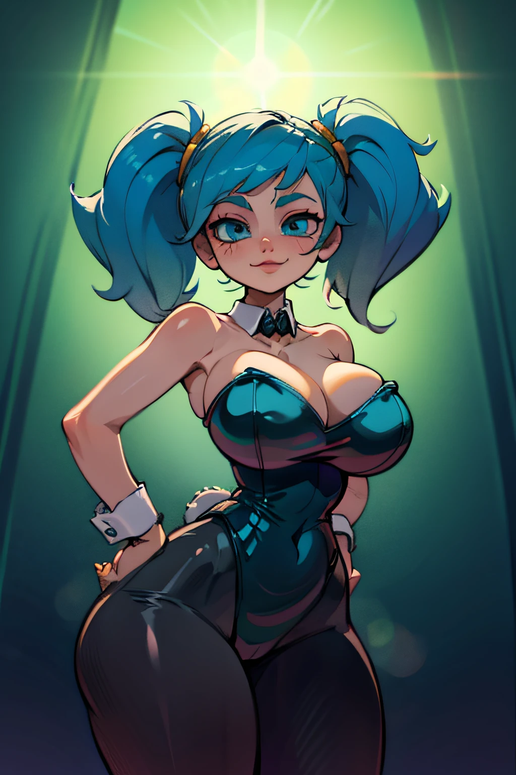 masterpiece, best quality, ultra-detailed, illustration, colorful, flat color, depth of field, lens flare, 1girl, sona \(league of legends\), , huge , all fours, blue hair, blue eyes, gradient hair, twintails, hair ornament, anime, (shortstack), (shortstackBT), (closeup, cowboy shot, view from below), (upper body), open shoulders, cleavage, looking at viewer, (black leotard, playboy bunny, black pantyhose, detached cuffs, detached collar), short height, detailed fabric texture, beautiful detailed face, smile, seductive, alluring attire, collarbone, (gigantic breasts, saggy breasts, huge breasts, curvy, voluptuous, curvaceous), (hands on hips), makeup