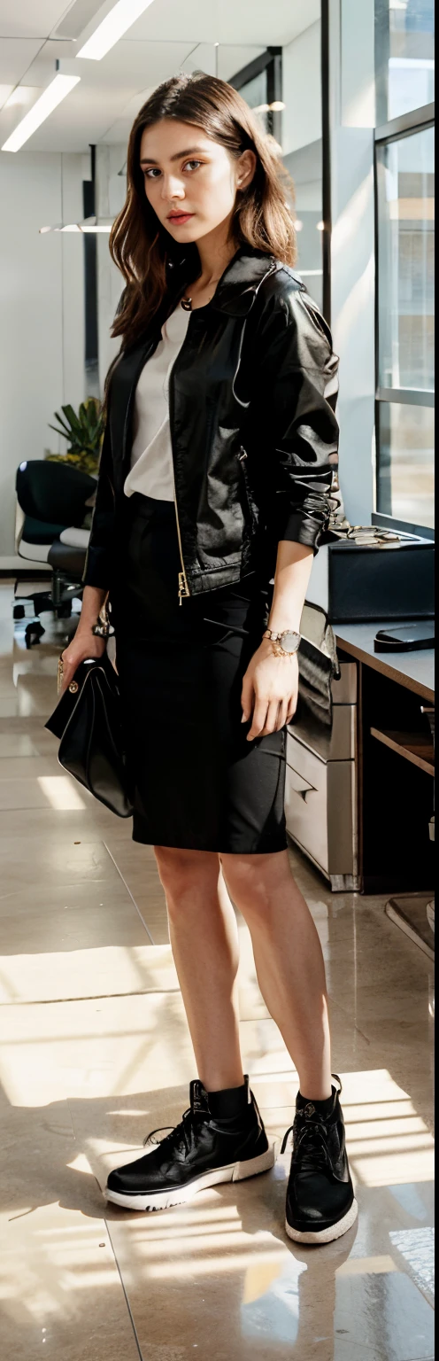 There was a woman standing in a room,Wallet in hand, Wearing black modern clothes,