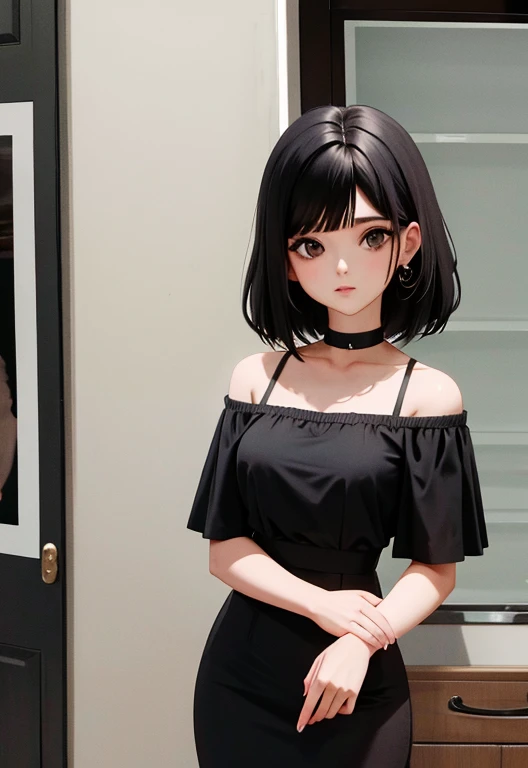 mulher arafada com blusa branca e batom vermelho posando para foto, cabelo preto bob, shoulder-length black hair, cabelos curtos e escuros, corte longo do bob, cabelo cortado de bob preto, corte de cabelo black bob, cabelo longo bob, cabelos na altura do queixo, comprimento do ombro cabelo preto, medium long bob, messy shoulder-length dark hair, medium-length black hair