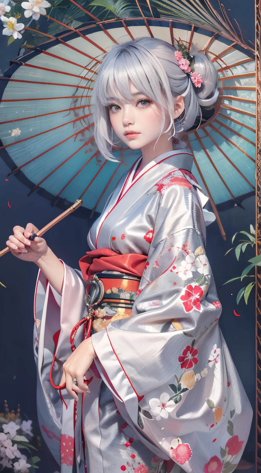 There is a woman wearing a kimono and holding a flower-patterned umbrella....., in a kimono, in a kimono, Kimono, pale and coloured kimono, Wearing kimono, wearing silver silk robe, japanese kimono, shikamimi, sakimichan, In silver silk robes, Anime Girl , goddess of Japan, Ayami Kojima Amano, portrait a woman like reol, Wearing a kimono