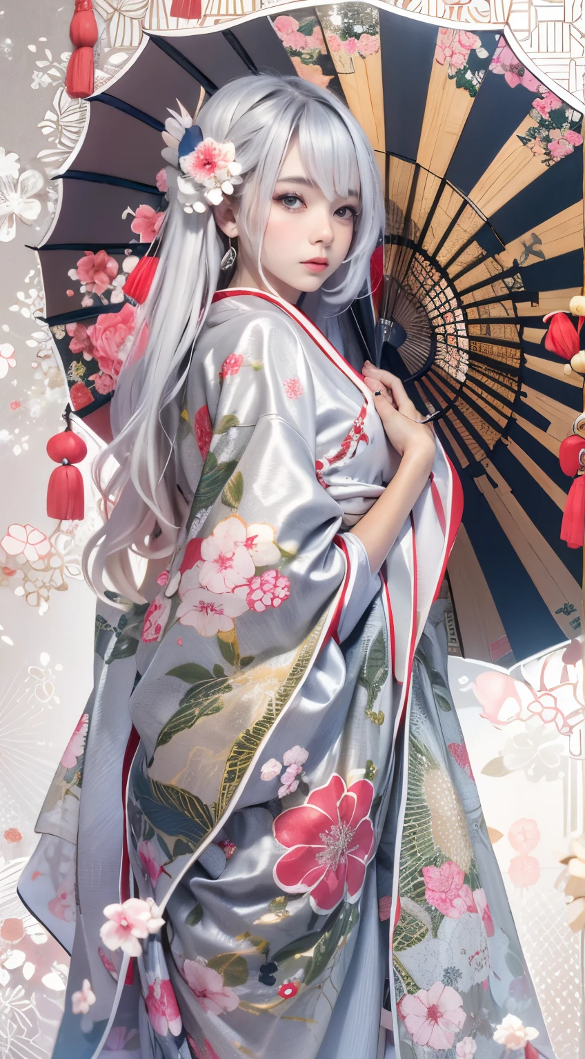 There is a woman wearing a kimono and holding a flower-patterned umbrella......, in a kimono, in a kimono, Kimono, pale and coloured kimono, Wearing kimono, wearing silver silk robe, japanese kimono, shikamimi, sakimichan, In silver silk robes, Anime Girl , goddess of Japan, Ayami Kojima Amano, portrait a woman like reol, Wearing a kimono