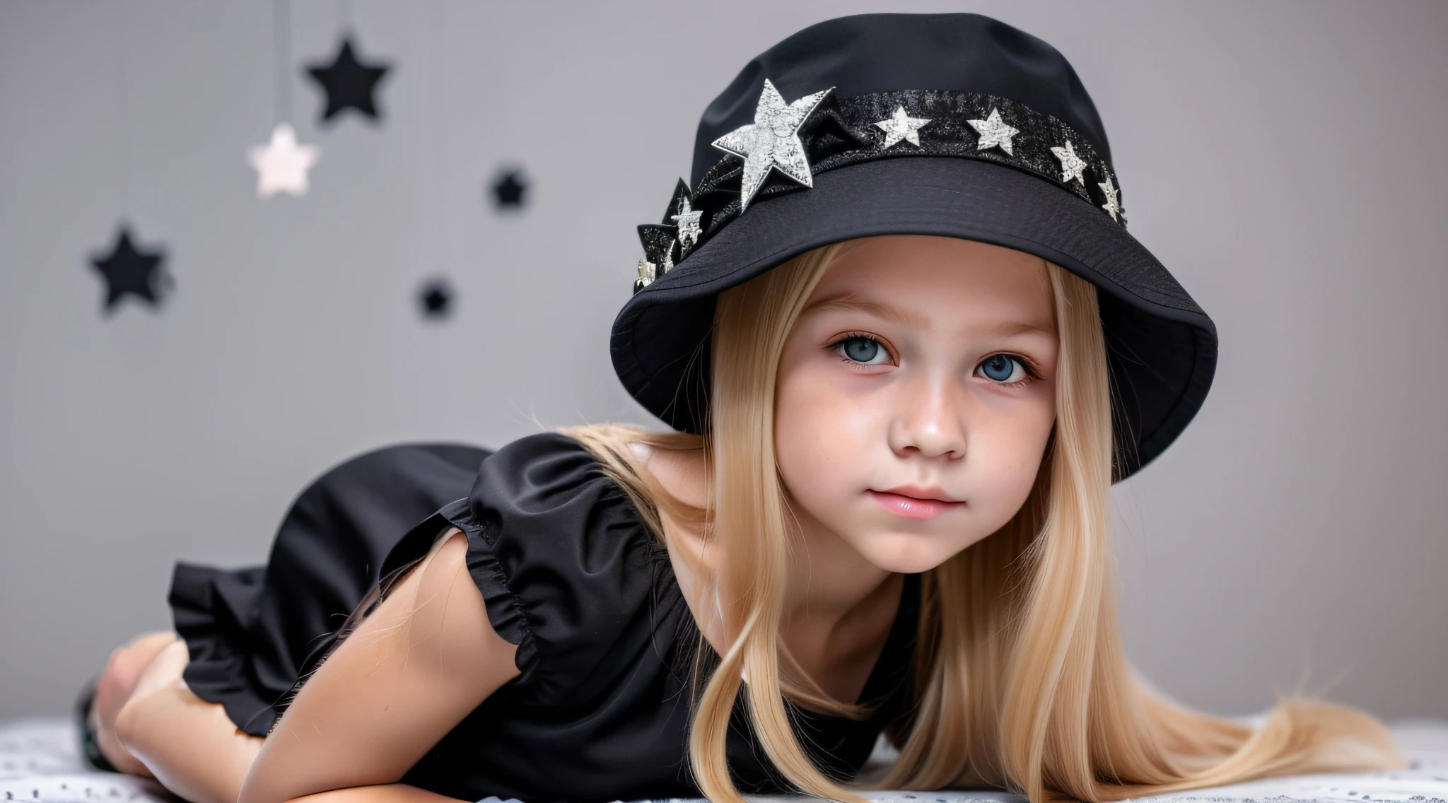 a close-up of a BLONDE KIDS GIRL with long hair and a black hat with a star, URSS, um vestido CINZA com diamantes AZUIS.