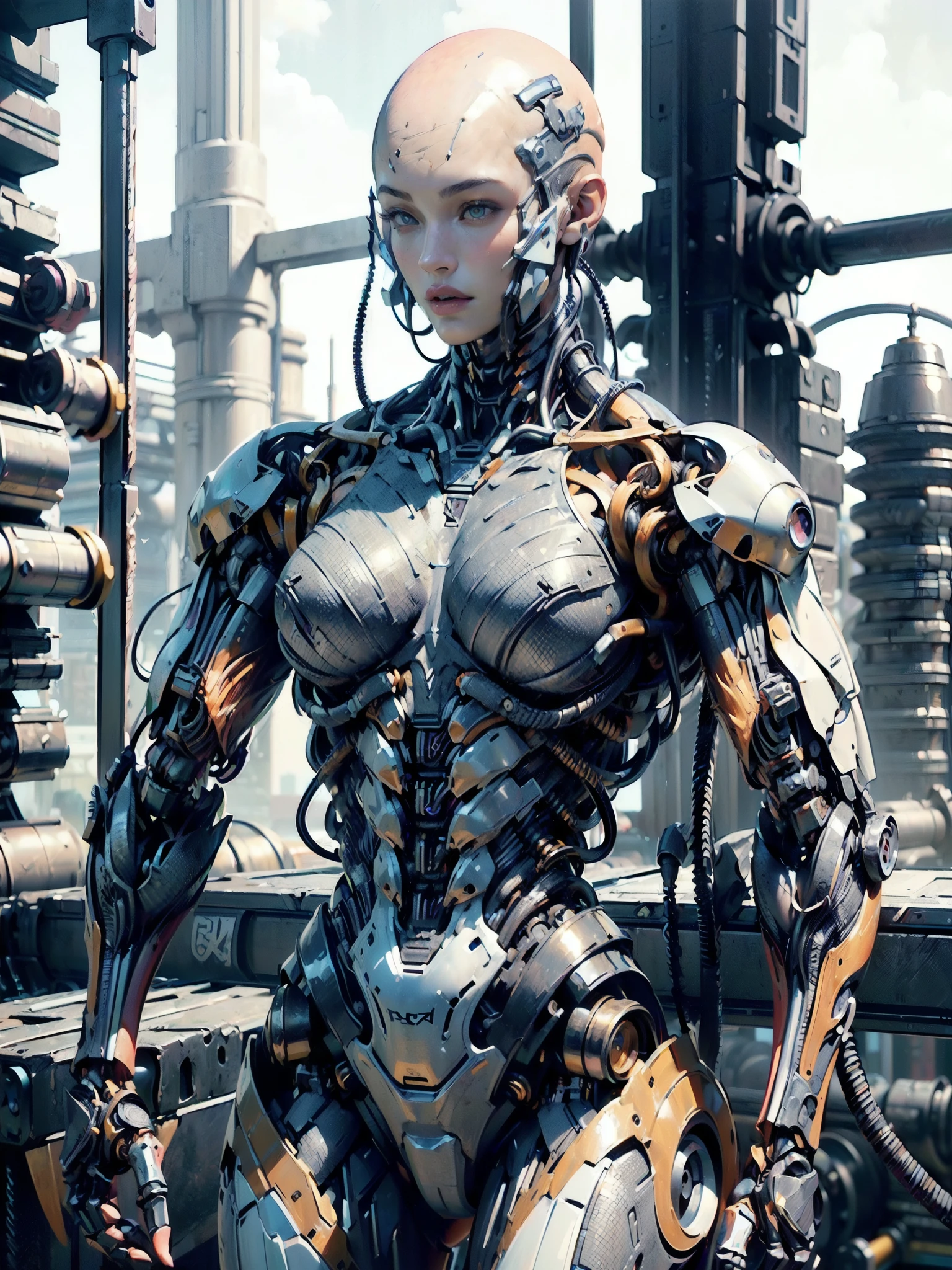 (beautiful muscular female cyborg:1.25), (megan-fox:1.5), (full body pose), (mechanical muscles and tendons:1.5), (no hair), (bald head covered in cables:1.5), (robotic mechanical physique:1.5), (super muscular female cyborg:1.5), (covered in cables and mechanical muscles:1.5), (android muscular anatomy:1.5), (perfect fingers:1.25),(8k, RAW photo, photorealistic:1.25), sci fi atmosphere, futuristic dystopia, alien landscape,