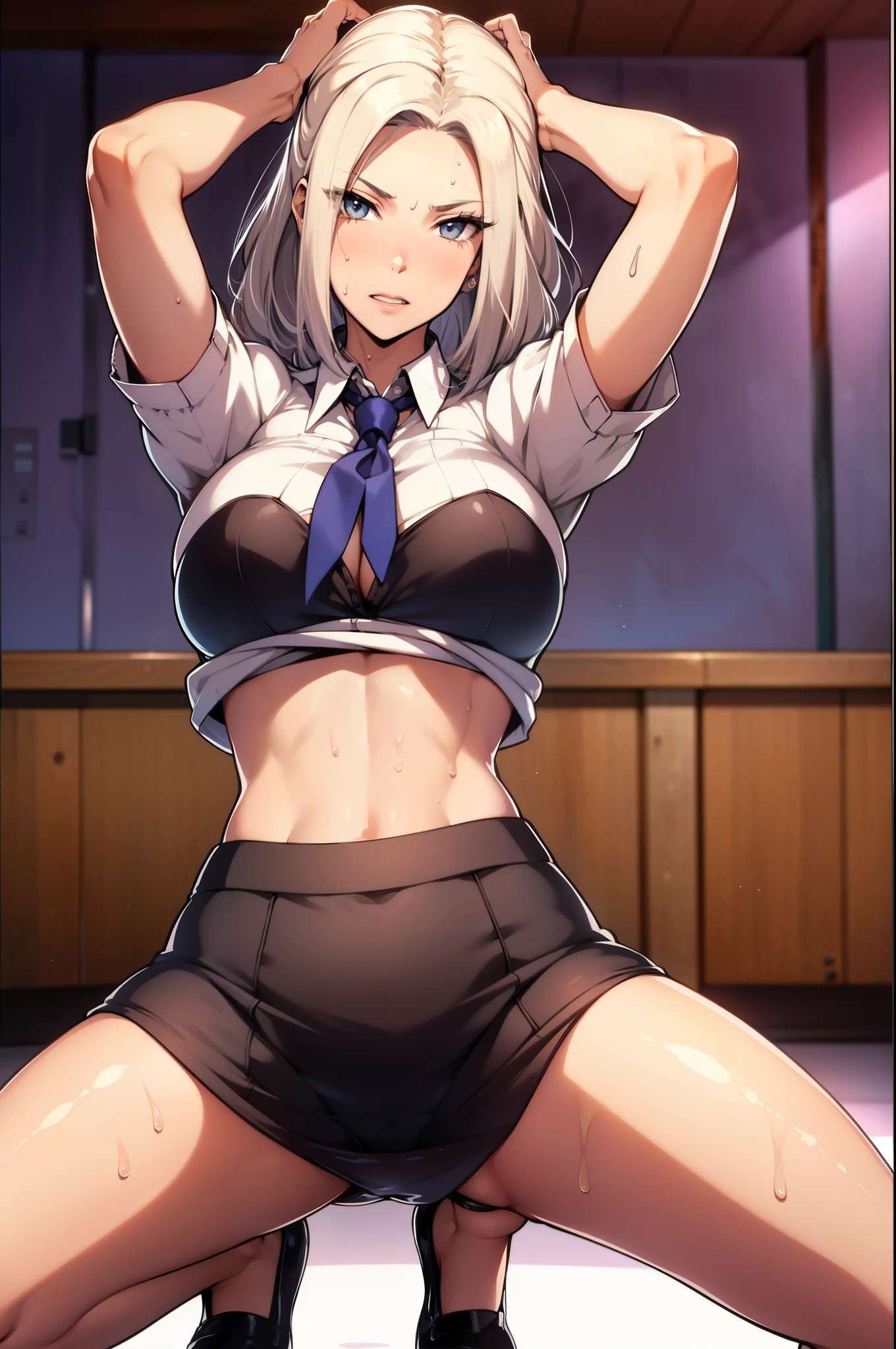 details, exposure,, silver hair, shortcut, huge, big ass, no bra,no panty,watch viewer, sweating profusely, muscular, vulgar,girl,open crotch,,show off,front,open legs,squat,pee,