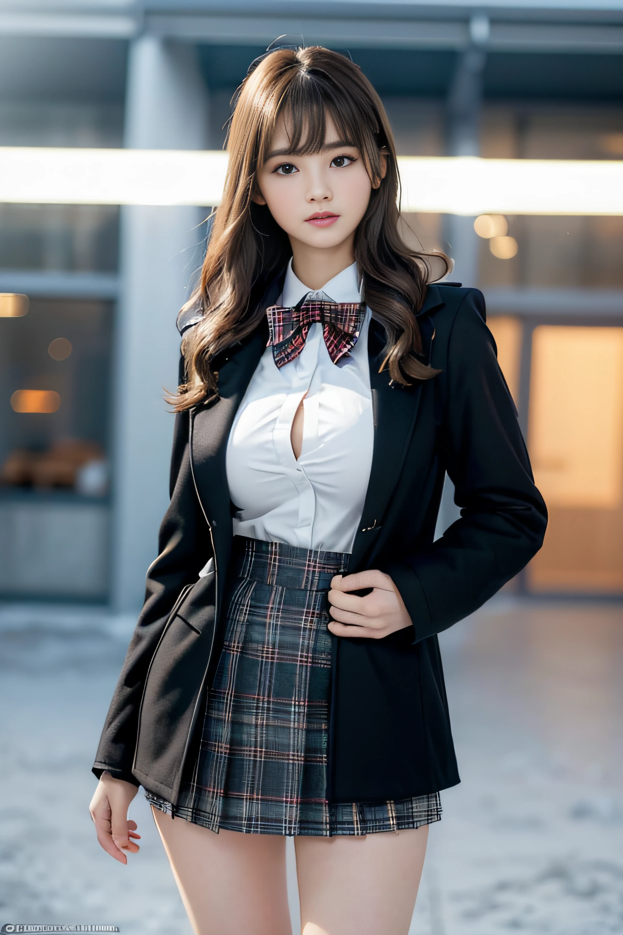 1womanl, up of face, Colossal tits,light brown hair, Blunt bangs, hair behind ear, hair over shoulder, Long hair, slender body shape, Ultra Fine Face, Thin face, Delicate lips, Beautiful eyes, thin blush, eyes are light brown, perfect glossy skin, flawless skin, Glistening sweat,View here, Ultra-thin hands, Ultra-fine fingers:realisitic:1.3), (Winter City:1.4), One-person viewpoint, Fuji Film, 8K, masutepiece, nffsw, Super Detail, High quality, Best Quality, hight resolution, ((Don't show your fingertips))、the golden hour Beautiful light, (((winter clothes for school girls)))、(((Black Down Coat、Plaid miniskirt)))、(((Colossal tits:1.4))) (((Positive image:1.3)))