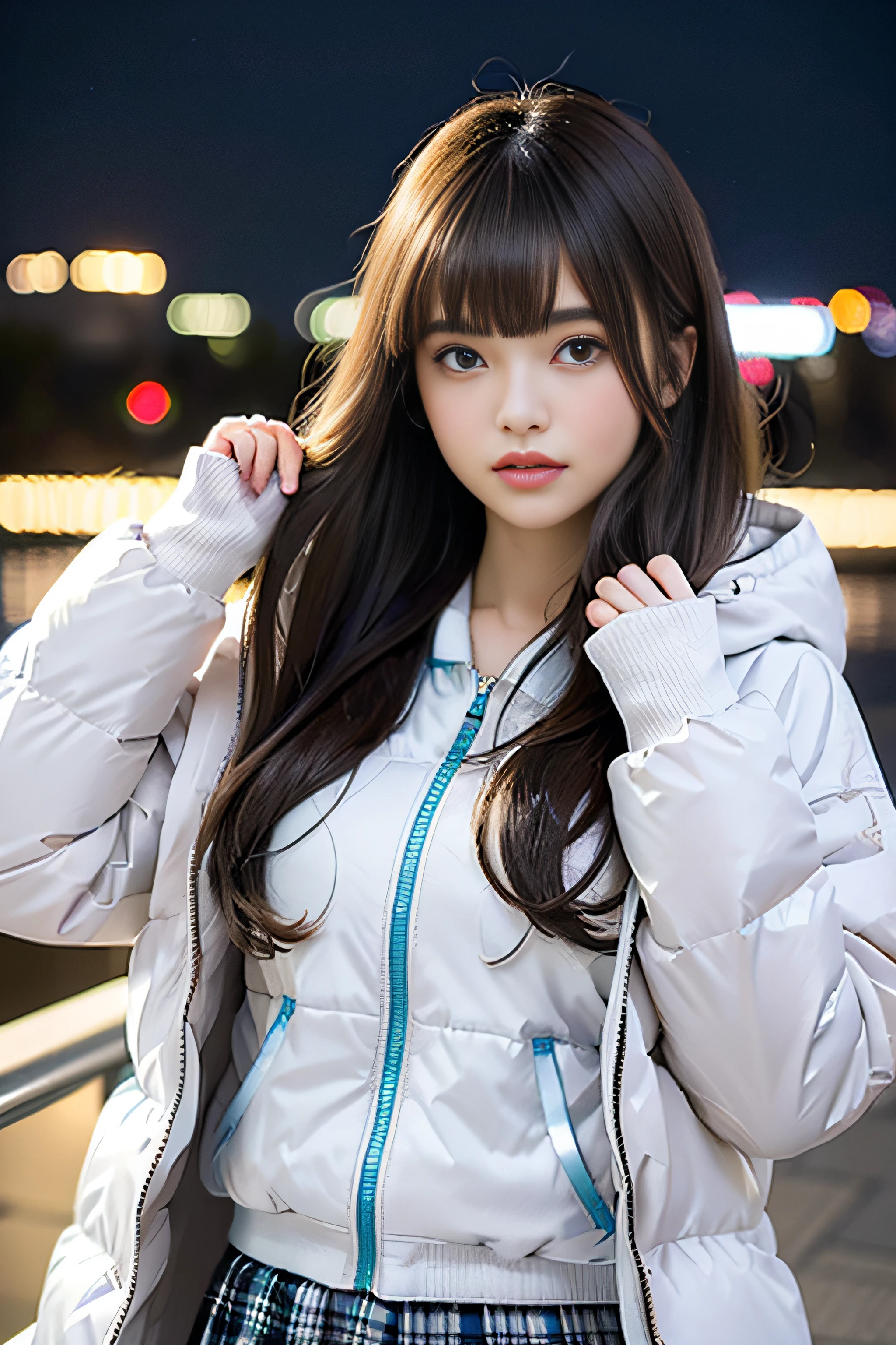 1womanl, up of face, Colossal tits,light brown hair, Blunt bangs, hair behind ear, hair over shoulder, Long hair, slender body shape, Ultra Fine Face, Thin face, Delicate lips, Beautiful eyes, thin blush, eyes are light brown, perfect glossy skin, flawless skin, Glistening sweat,View here, Ultra-thin hands, Ultra-fine fingers:realisitic:1.3), (Night city illuminated by blue illuminations:1.4), One-person viewpoint, Fuji Film, 8K, masutepiece, nffsw, Super Detail, High quality, Best Quality, hight resolution, ((Don't show your fingertips))、the golden hour Beautiful light, (((winter clothes for school girls)))、(((white down jacket、Plaid miniskirt)))、(((Positive image:1.3)))