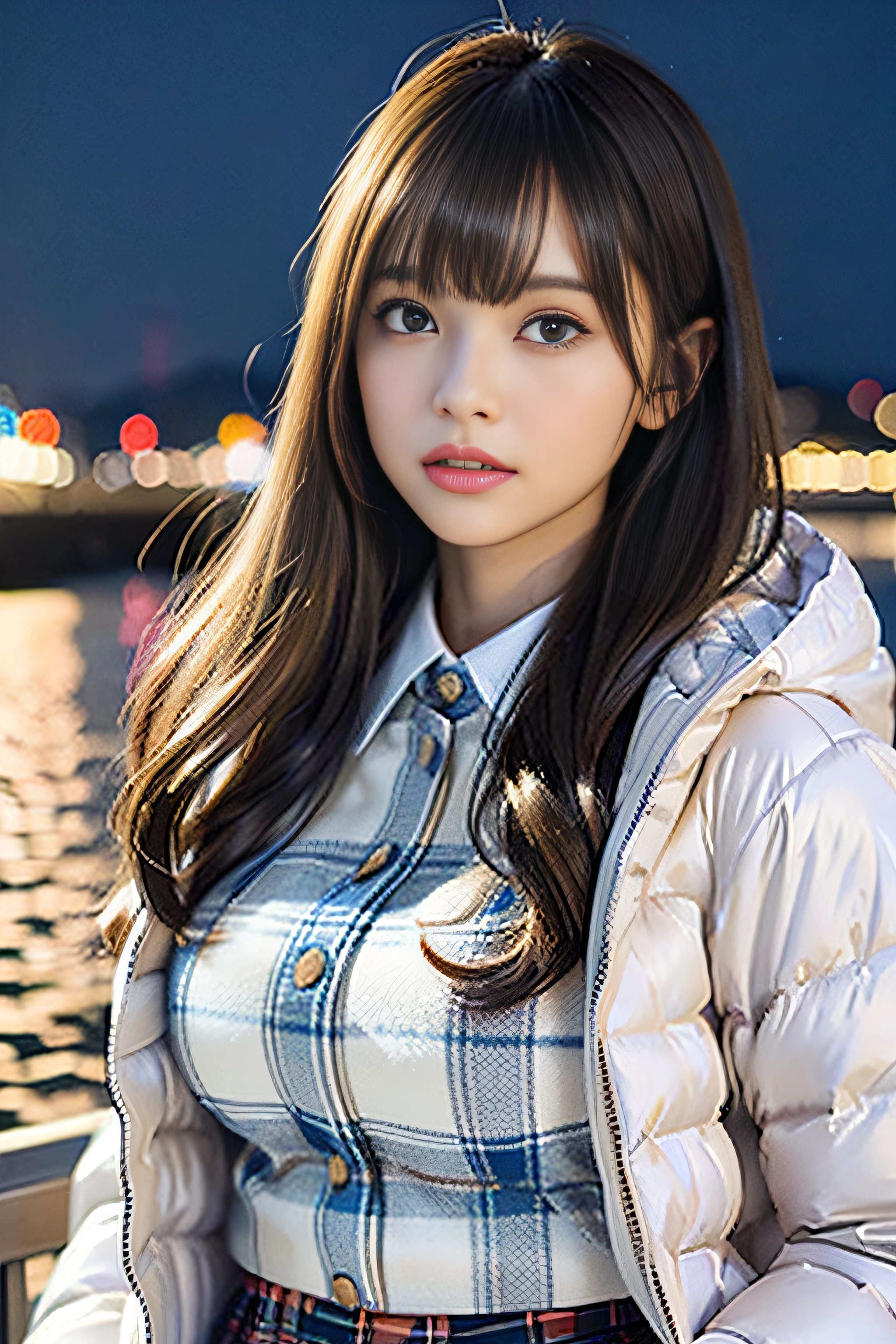 1womanl, up of face, Colossal tits,light brown hair, Blunt bangs, hair behind ear, hair over shoulder, Long hair, slender body shape, Ultra Fine Face, Thin face, Delicate lips, Beautiful eyes, thin blush, eyes are light brown, perfect glossy skin, flawless skin, Glistening sweat,View here, Ultra-thin hands, Ultra-fine fingers:realisitic:1.3), (Night city illuminated by blue illuminations:1.4), One-person viewpoint, Fuji Film, 8K, masutepiece, nffsw, Super Detail, High quality, Best Quality, hight resolution, ((Don't show your fingertips))、the golden hour Beautiful light, (((winter clothes for school girls)))、(((white down jacket、Plaid miniskirt)))、(((Positive image:1.3)))