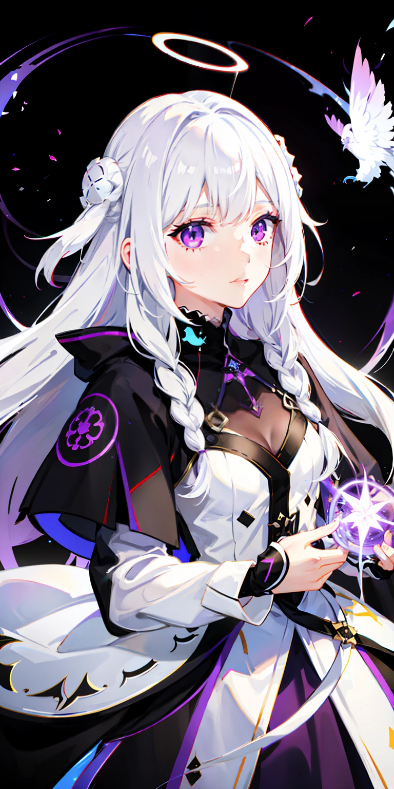 1girl, white hair, multicolored hair, purple eyes, mask on head, sidelighting, light particles, wallpaper,