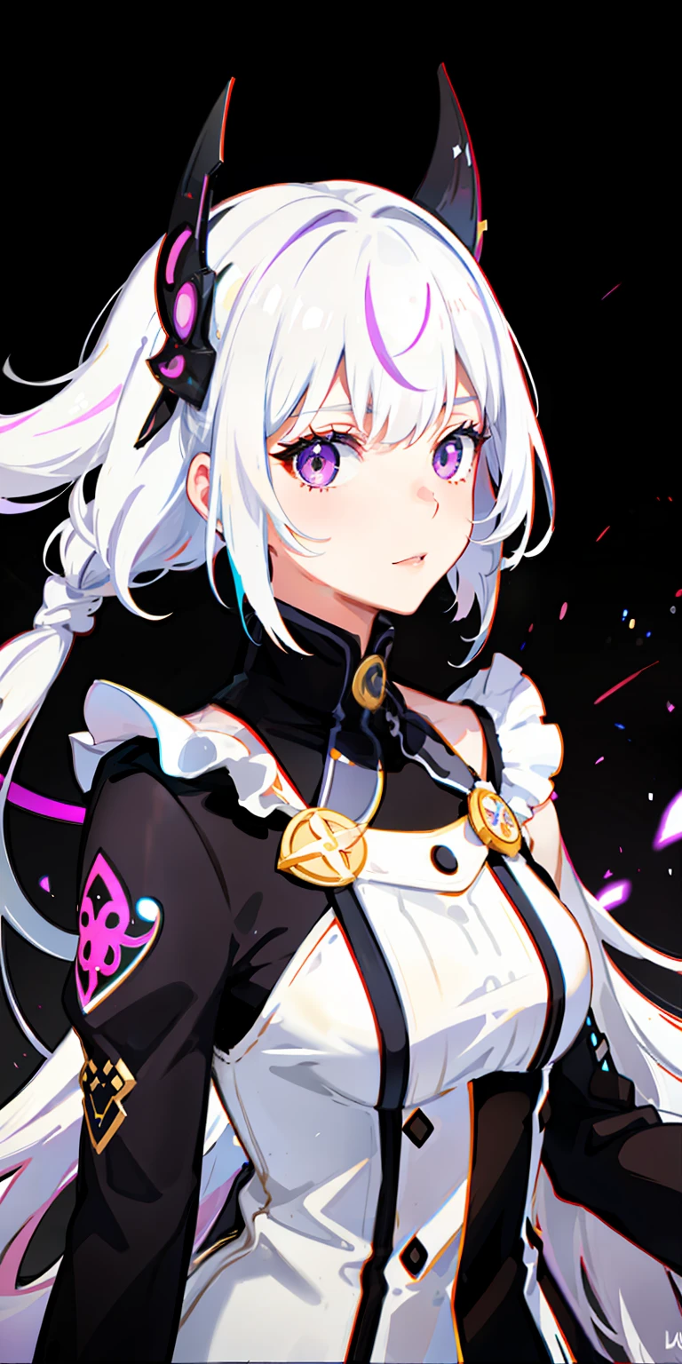 1girl, white hair, multicolored hair, purple eyes, mask on head, sidelighting, light particles, wallpaper,