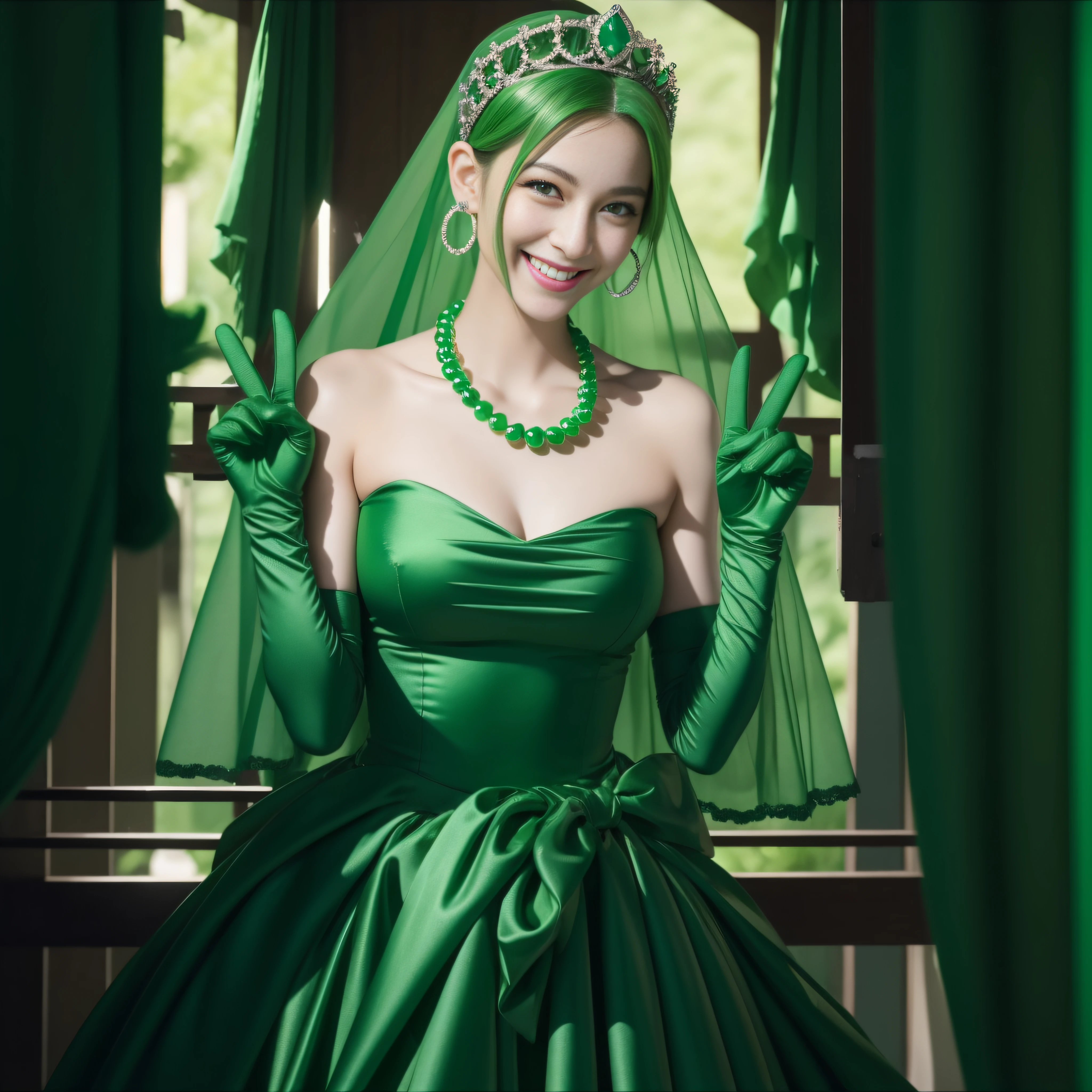 emerald tiara, Green Pearl Necklace, Boyish very short green hair, lipsticks, Japan woman smiling, very short short hair, big breasts beautiful, Green eyes, Long green gloves made of satin material, Green eyes, Emerald Earrings, green vale, v sign