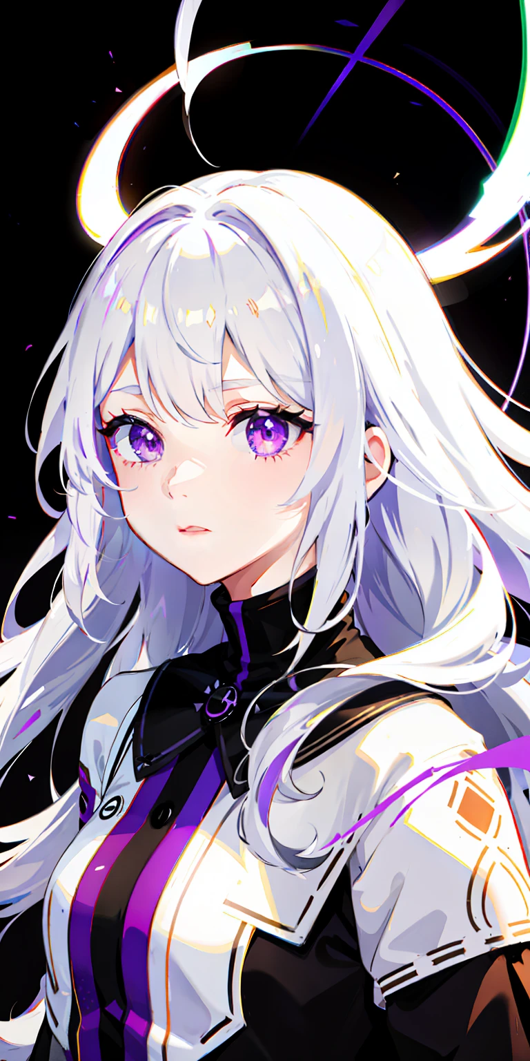 1girl, white hair, multicolored hair, purple eyes, mask on head, sidelighting, light particles, wallpaper,