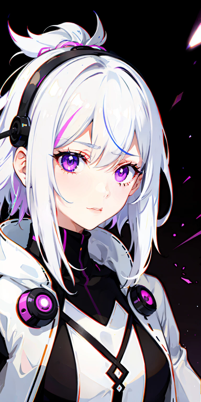1girl, white hair, multicolored hair, purple eyes, mask on head, sidelighting, light particles, wallpaper,