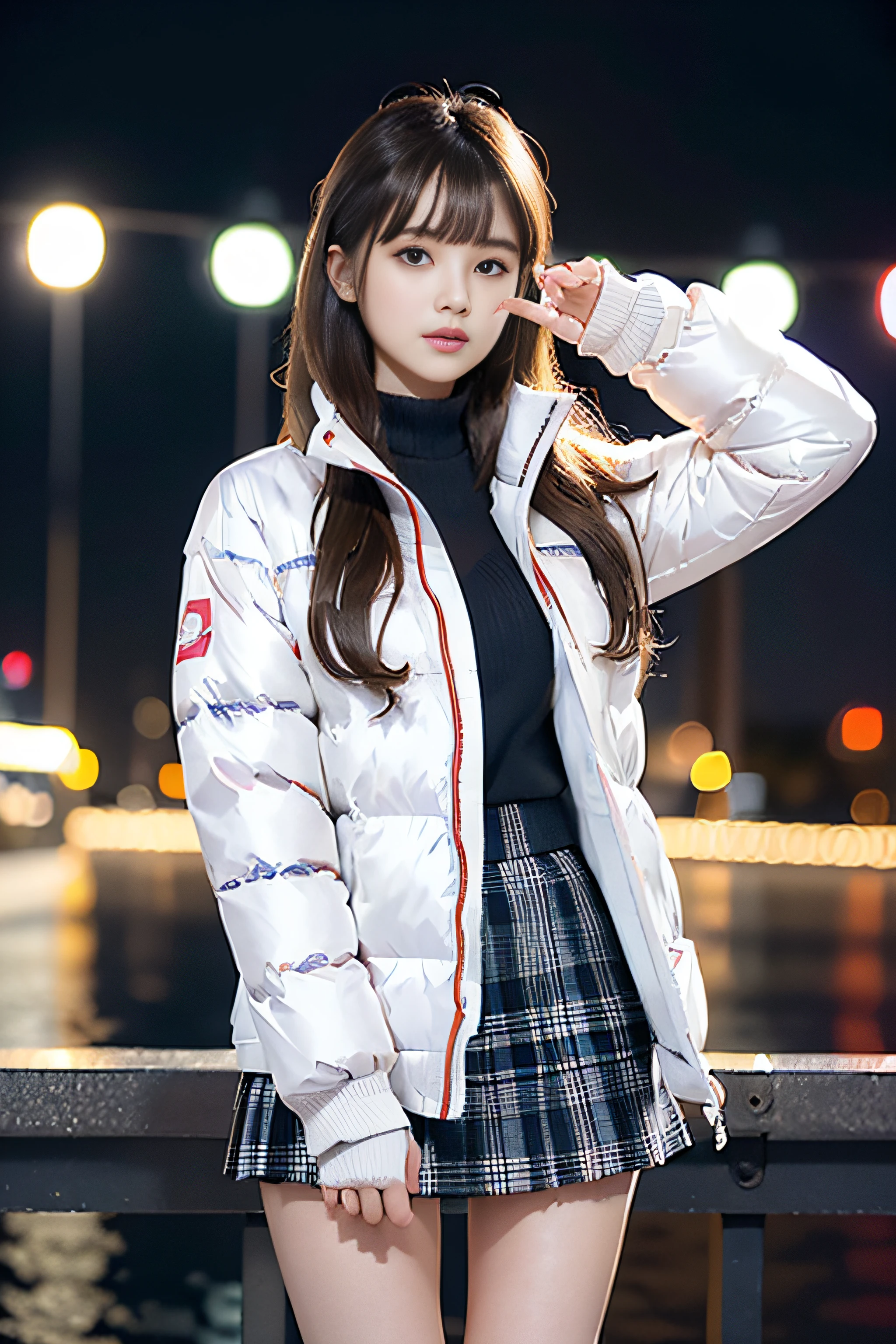 1womanl, up of face, Colossal tits,light brown hair, Blunt bangs, hair behind ear, hair over shoulder, Long hair, slender body shape, Ultra Fine Face, Thin face, Delicate lips, Beautiful eyes, thin blush, eyes are light brown, perfect glossy skin, flawless skin, Glistening sweat,View here, Ultra-thin hands, Ultra-fine fingers:realisitic:1.3), (Night city illuminated by blue illuminations:1.4), One-person viewpoint, Fuji Film, 8K, masutepiece, nffsw, Super Detail, High quality, Best Quality, hight resolution, ((Don't show your fingertips))、the golden hour Beautiful light, (((winter clothes for school girls)))、(((white down jacket、Plaid miniskirt)))、(((Positive image:1.3)))