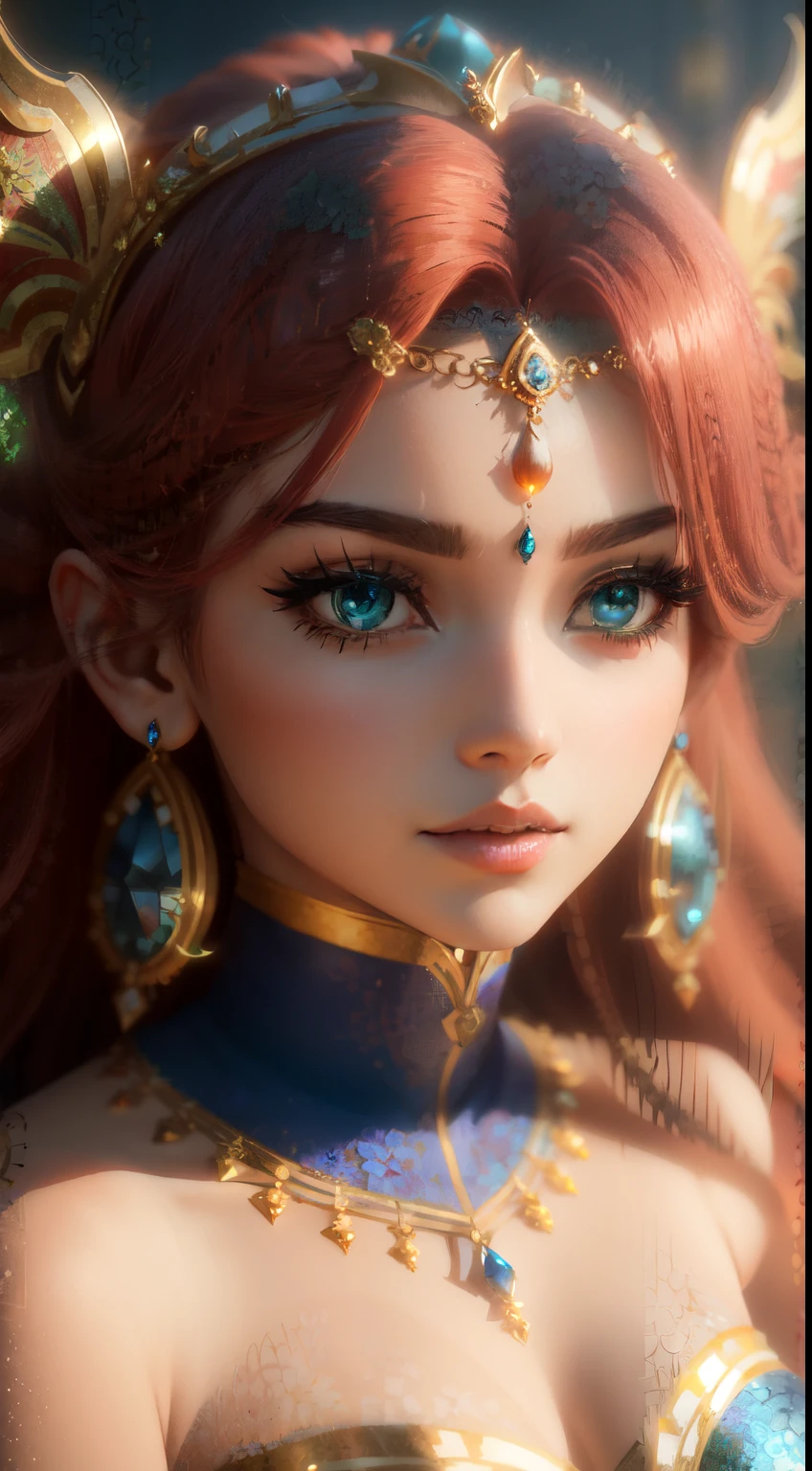 Arafa woman in orange outfit sits on green surface, beautiful goddess, Indian Goddess, Indian goddess of wealth, a goddess. extremely high details, anime goddess, Эпический 3 D Oshun, extremely detailed goddess shot, portrait of a beautiful goddess, a beautiful fantasy empress, Female goddess, a stunning portrait of a goddess, red haired goddess, beautiful genie girl, a goddess