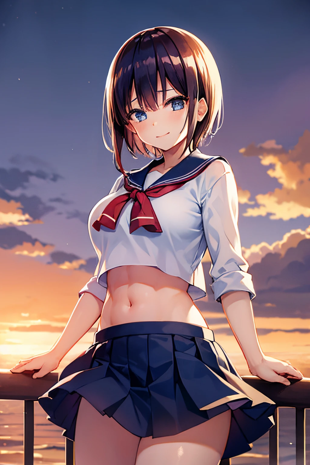 1 girl、Ichika　Nakano、Dark hair　short-hair、Sunset　River、light blu　a sailor suit　pleatedskirt、is standing、a smile、huge tit、Toned abs　Navel Ejection