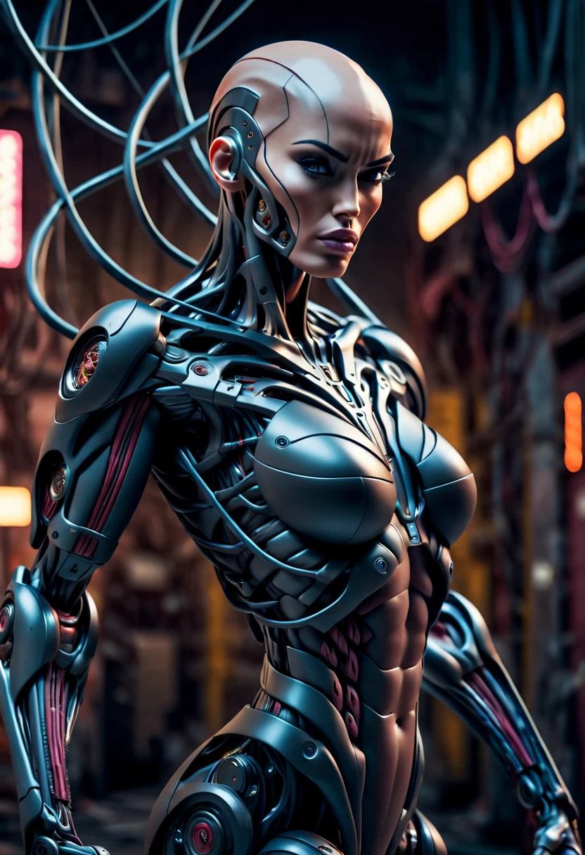 (beautiful muscular borg queen:1.25), (megan-fox:1.5), (full body pose), (mechanical muscles and tendons:1.5), (no hair), (bald head covered in cables:1.5), (robotic mechanical physique:1.5), (super muscular female cyborg:1.5), (covered in cables and mechanical muscles:1.5), (android muscular anatomy:1.5), (perfect fingers:1.25),(8k, RAW photo, photorealistic:1.25), sci fi atmosphere, futuristic dystopia, alien landscape,