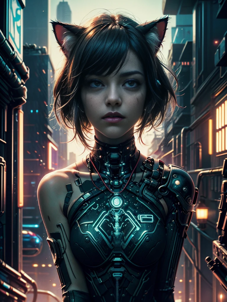 Beautiful photo of Reika Shimohira as a (Cyberpunk Nekomata catgirl), slender body, cat ears, cat tail, (cowboy shot), science fiction, ((futuristic cyberpunk city in the background)), Gantz, Cyberpunk 2077, Ultra realistic photo, masterpiece, best quality, CG, wallpaper, HDR, high quality, high-definition, extremely detailed, {beautiful detailed face}, {beautiful detailed eyes}, (detailed light){{intricate detail}}, {highres}, ((detailed face)), neon light, chiaroscuro, key visual, intricate detail, highly detailed, breathtaking, vibrant, cinematic lighting, 18+, Nsfw