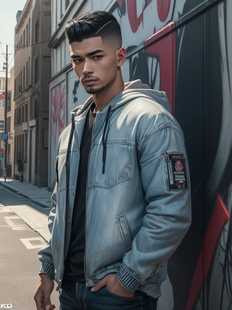 (best quality cinematic,4k,8k,highres,masterpiece:1.2),ultra-detailed,(realistic,photorealistic,photo-realistic:1.37), A man asian body skinny standing and (skin fade cut hairstyle) in front of a graffiti-covered wall, (best quality,4k,8k,highres,masterpiece:1.2),ultra-detailed,(realistic,photorealistic,photo-realistic:1.37),, his outfit a mix of streetwear and high fashion, (best quality,4k,8k,highres,masterpiece:1.2),ultra-detailed,(realistic,photorealistic,photo-realistic:1.37), the photo is taken from a low angle, emphasizing the edginess of his style. (best quality,4k,8k,highres,masterpiece:1.2),ultra-detailed,(realistic,photorealistic,photo-realistic:1.37)