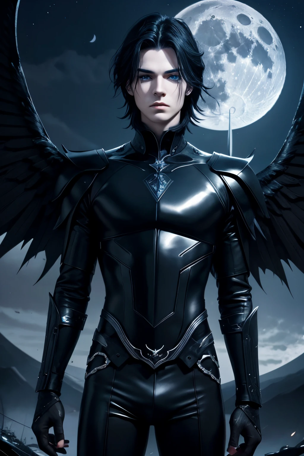 A male dark angel. Androgynous facial features. Young. Very pale skin. Big Blue eyes. Cool looking. Dark colour pattern. Huge black wings. In the night. Full moon.