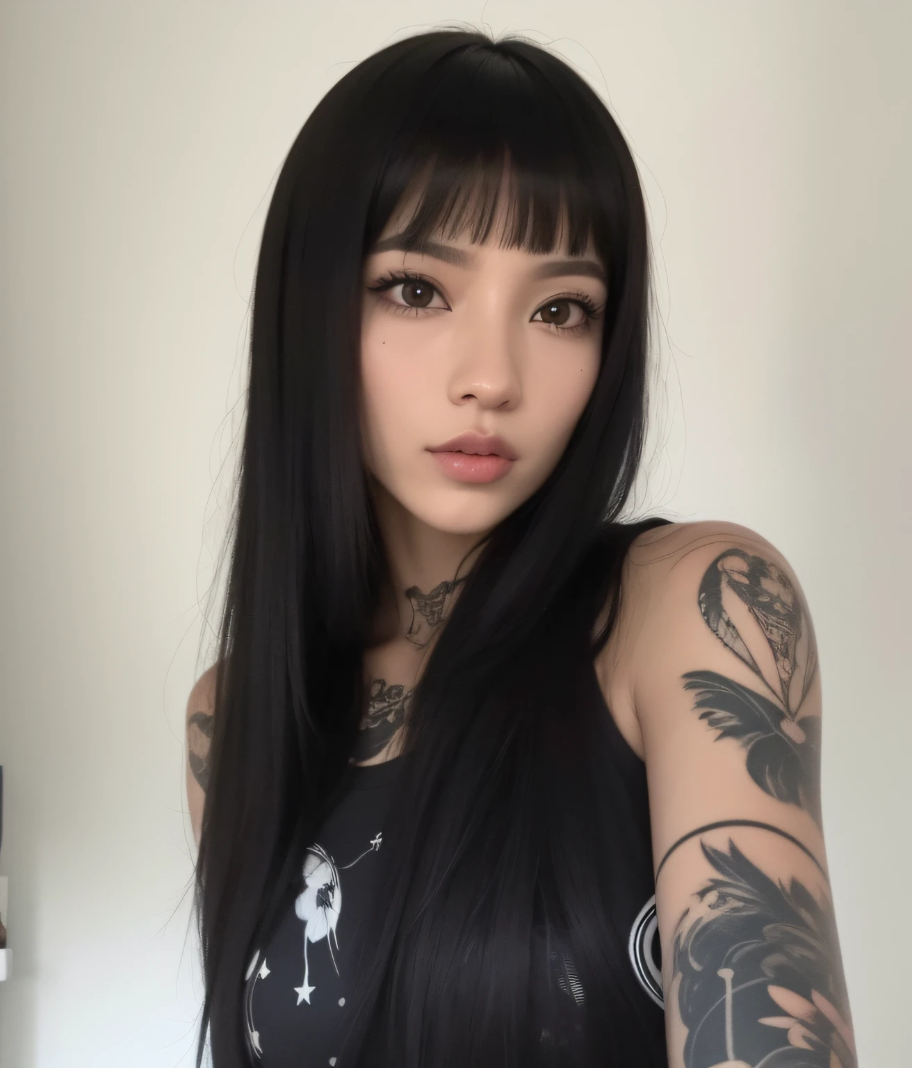 Arafed woman with long black hair and tattoos on her arm, cabelo preto longo com franja, cabelo blackbangs cabelo, Ela tem cabelo preto com franja, de menina taiwanesa com tatuagens, cabelos longos com franja, cabelo comprido com franja completa, cabelos escuros longos com franja, franja preta, Franja reta longa, preto hime corte cabelo, cabelo preto e franja branca, ultrahd, 8k