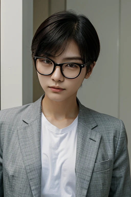 The image of an androgynous Korean woman is a tomboy. She wears glasses and a suit.