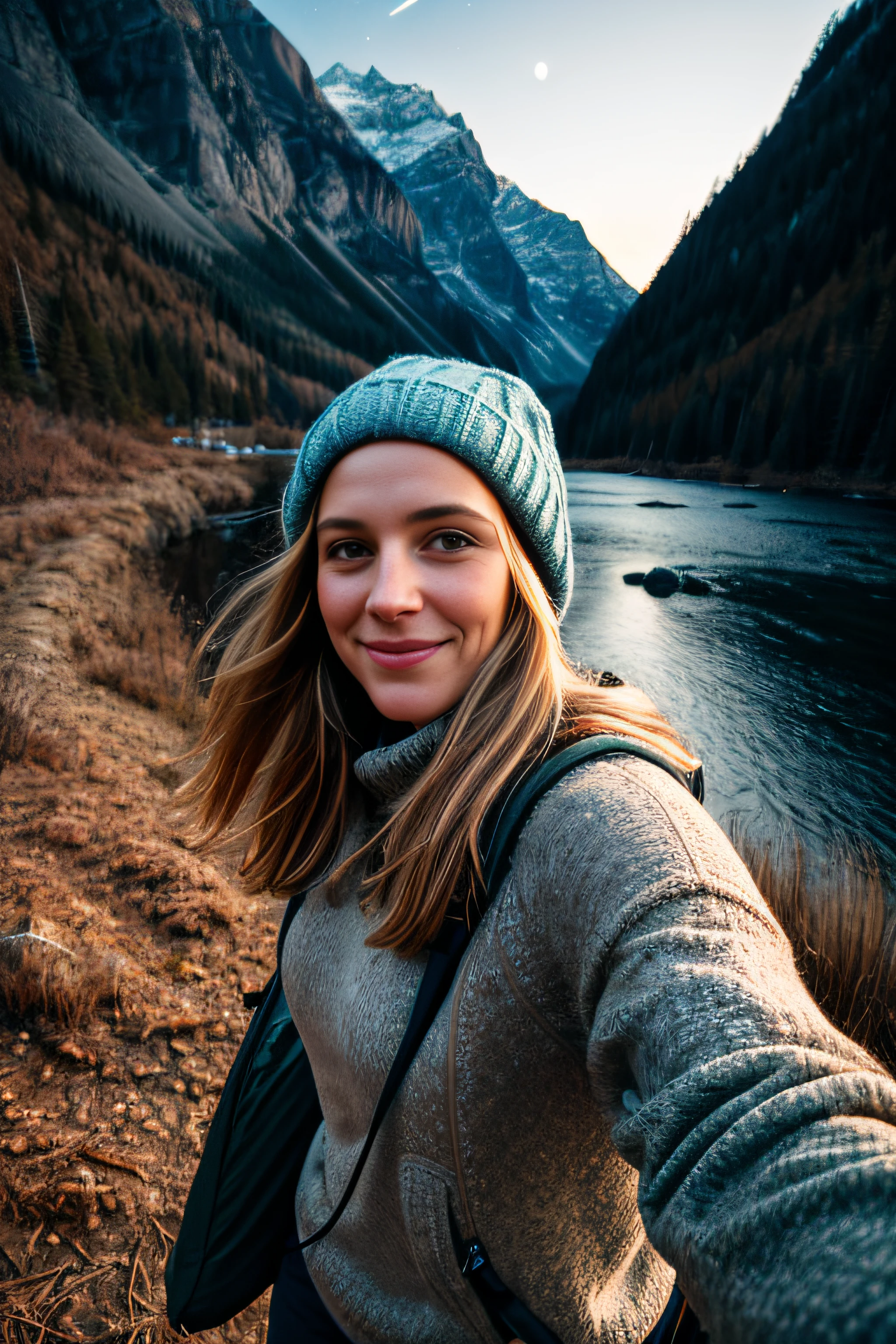 1 woman((upper body selfie, happy)), masterpiece, best quality, ultra-detailed, solo, outdoors, (night), mountains, nature, (stars, moon) cheerful, happy, backpack, sleeping bag, camping stove, water bottle, mountain boots, gloves, sweater, hat, flashlight, forest, rocks, river, wood, smoke, shadows, contrast, clear sky, analog style (look at viewer:1.2) (skin texture) (film grain:1.3), (warm hue, warm tone)
:1.2), close up, cinematic light, sidelighting, ultra high res, best shadow, RAW, upper body, old man, wearing pullover