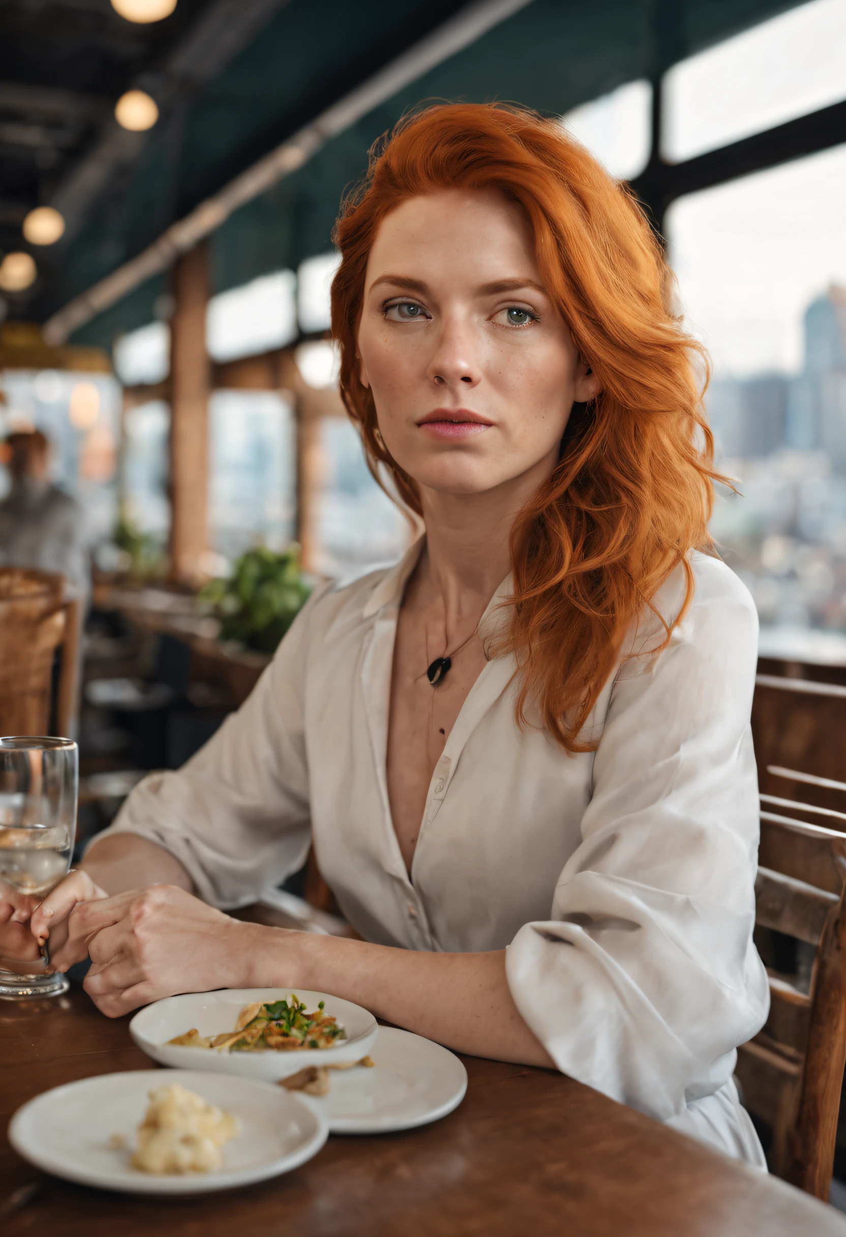 a ginger hair middle age american woman at restaurant with a city view nice realistic photo white skin ultra realistic, ultra high resolution, photorealistic, 1.4 UHD 27 year old