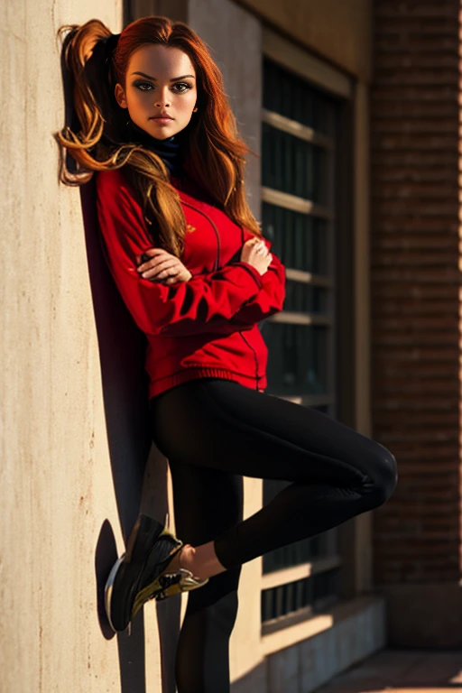 Redhead, high ponytail, (full body leaning on wall, glancing left), full lips, modelesque figure, emarald green eyes, full body, soft lighting, red jacket on black turtleneck, , one person photoshoot, expressionless, leggings