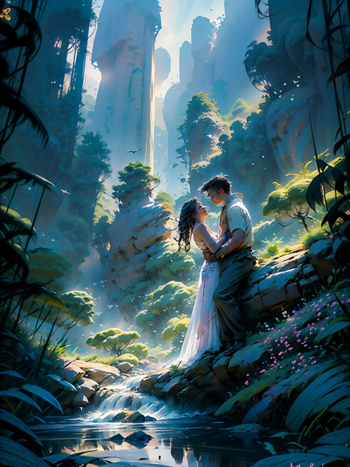 In a fantastic, surreal world unfolds a scene of breathtaking beauty. Luminous trees with iridescent leaves stretch toward the sky, while floating islands with cascading waterfalls hover in the air. Glittering fireflies dance around levitating flowers, blossoming in a kaleidoscope of colors.
The sky is a blend of vibrant pastel hues, from soft pink to deep purple, adorned with shimmering stars that glow like sparkling gemstones in the twilight. Paths of shimmering mist meander through this surreal realm, while flying fish traverse the sky, resembling a lake in midair.
The air is filled with a sweet, calming fragrance, and soft melodies from ethereal instruments fill the space. In this fantastical world, the boundaries between dream and reality blur, and the beauty of every corner reveals a magical surprise.