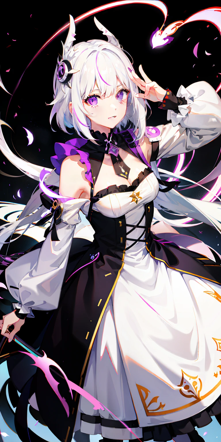 1girl, white hair, multicolored hair, purple eyes, mask on head, sidelighting, light particles, wallpaper,